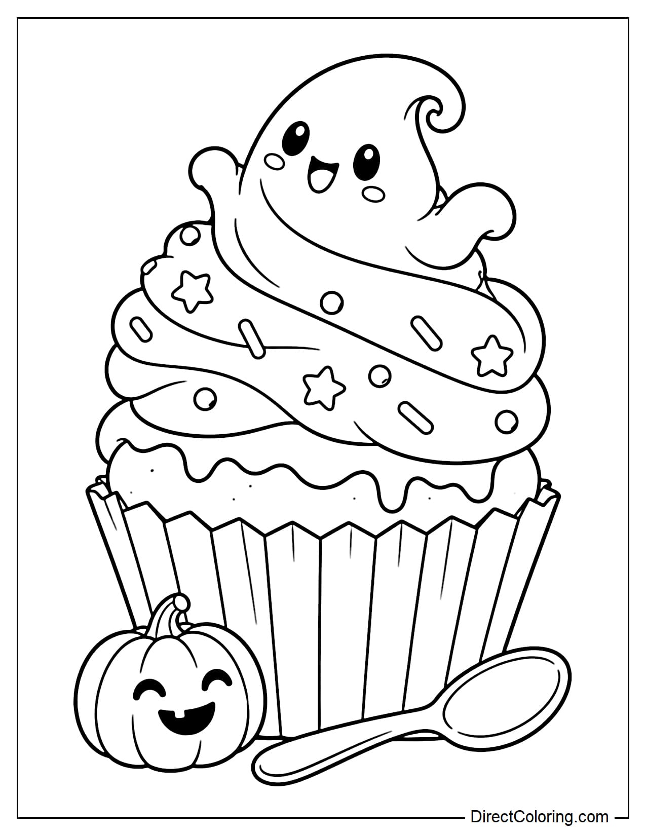 A sweet Halloween cupcake topped with a tall swirl of soft frosting shaped like a cute ghost, with the ghost’s curved tail blending into the icing. A mini pumpkin and a small spoon rest beside the cupcake.