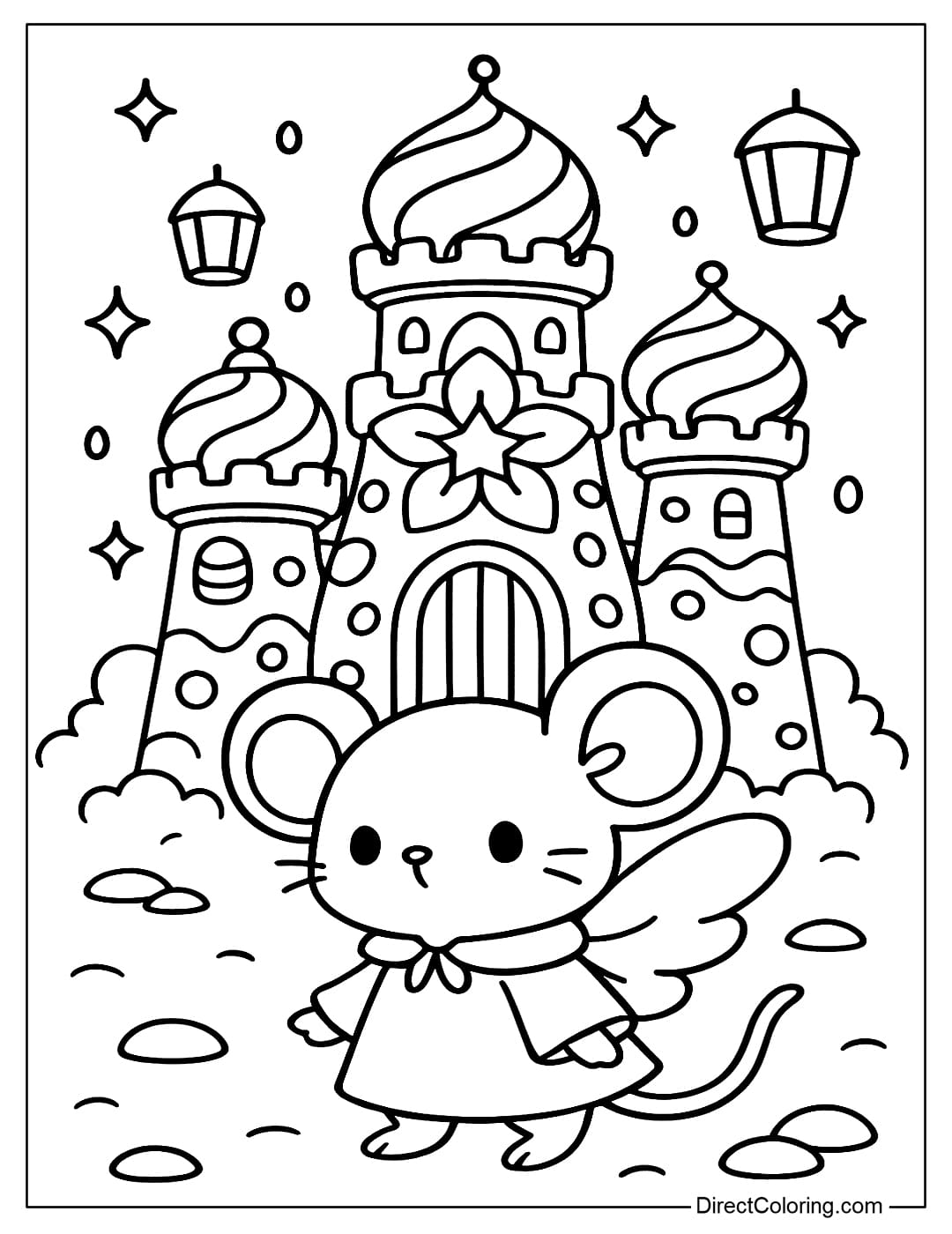 A coloring page of a little mouse with soft wings, wearing a cloak, standing in front of a candy castle.