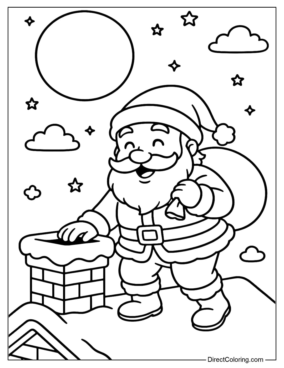 Santa on the Rooftop Coloring Page Santa Claus color page standing on the snow-covered roof, preparing to go down the chimney.