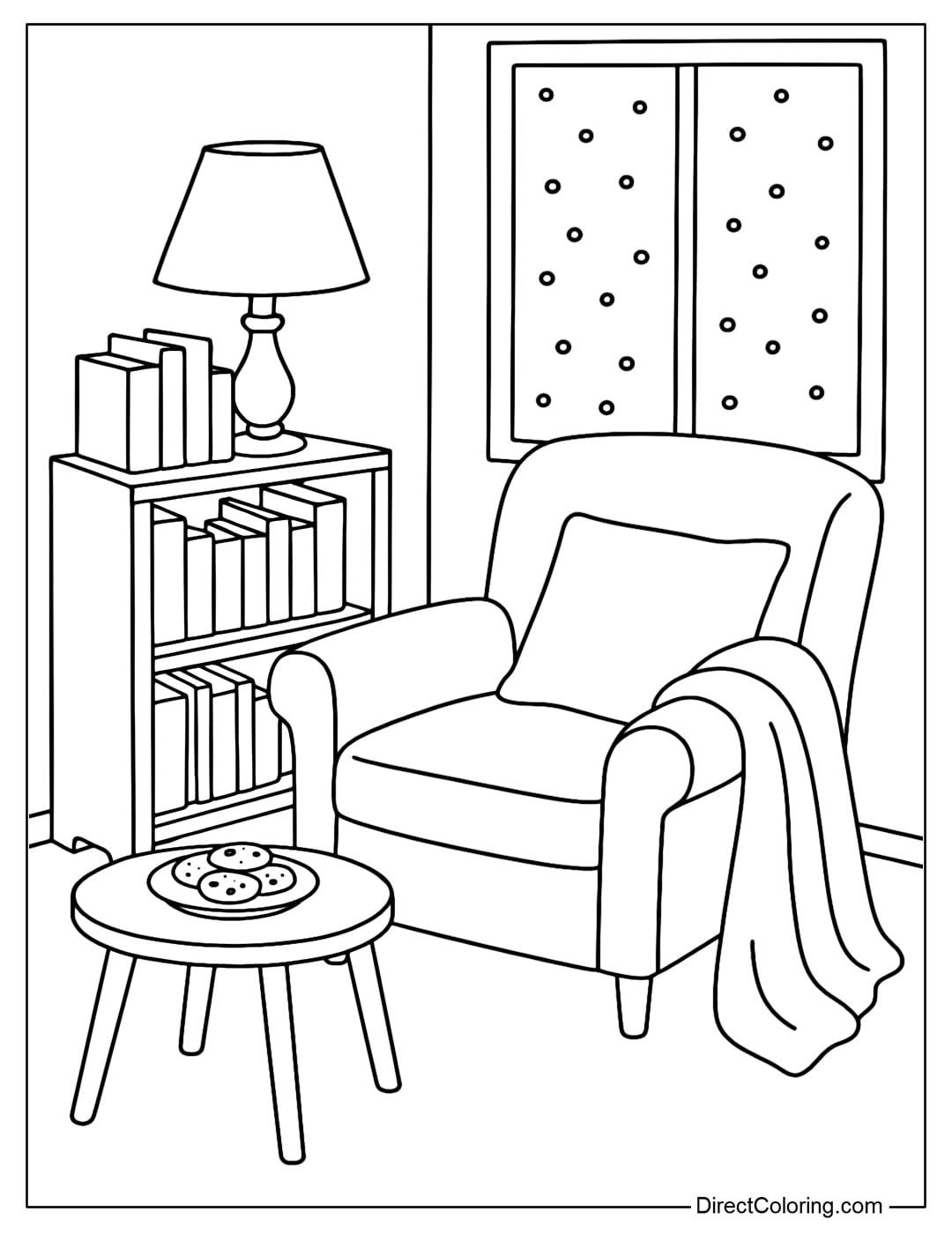 A reading nook coloring page with a small bookshelf, a table lamp, a chair with a pillow and a blanket, and a tea table with cookies next to the chair.