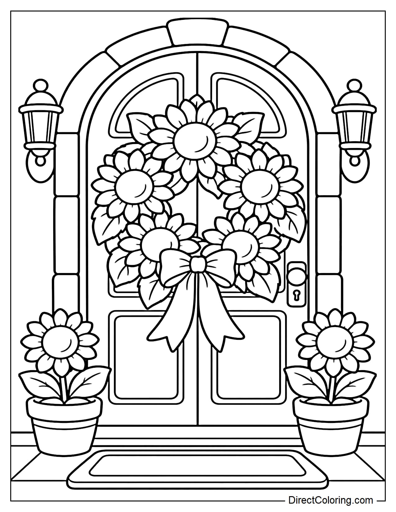 An arched fairy-tale cottage door with rounded rectangular wooden panels. A large sunflower wreath with broad leaves hangs in the center, with a ribbon bow underneath. Two small pots of sunflowers stand on either side of the doorway.
