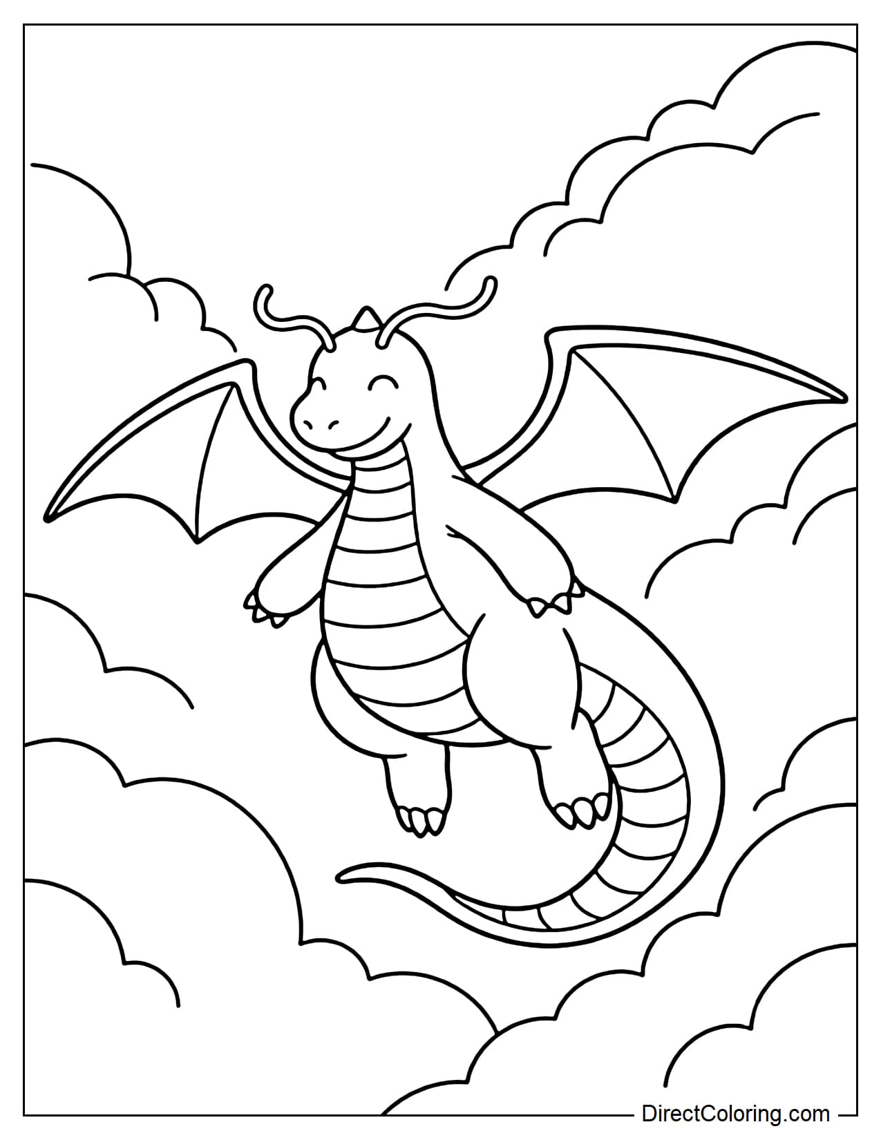 Dragonite is flying through large clouds, wings spread wide, its long tail curved.