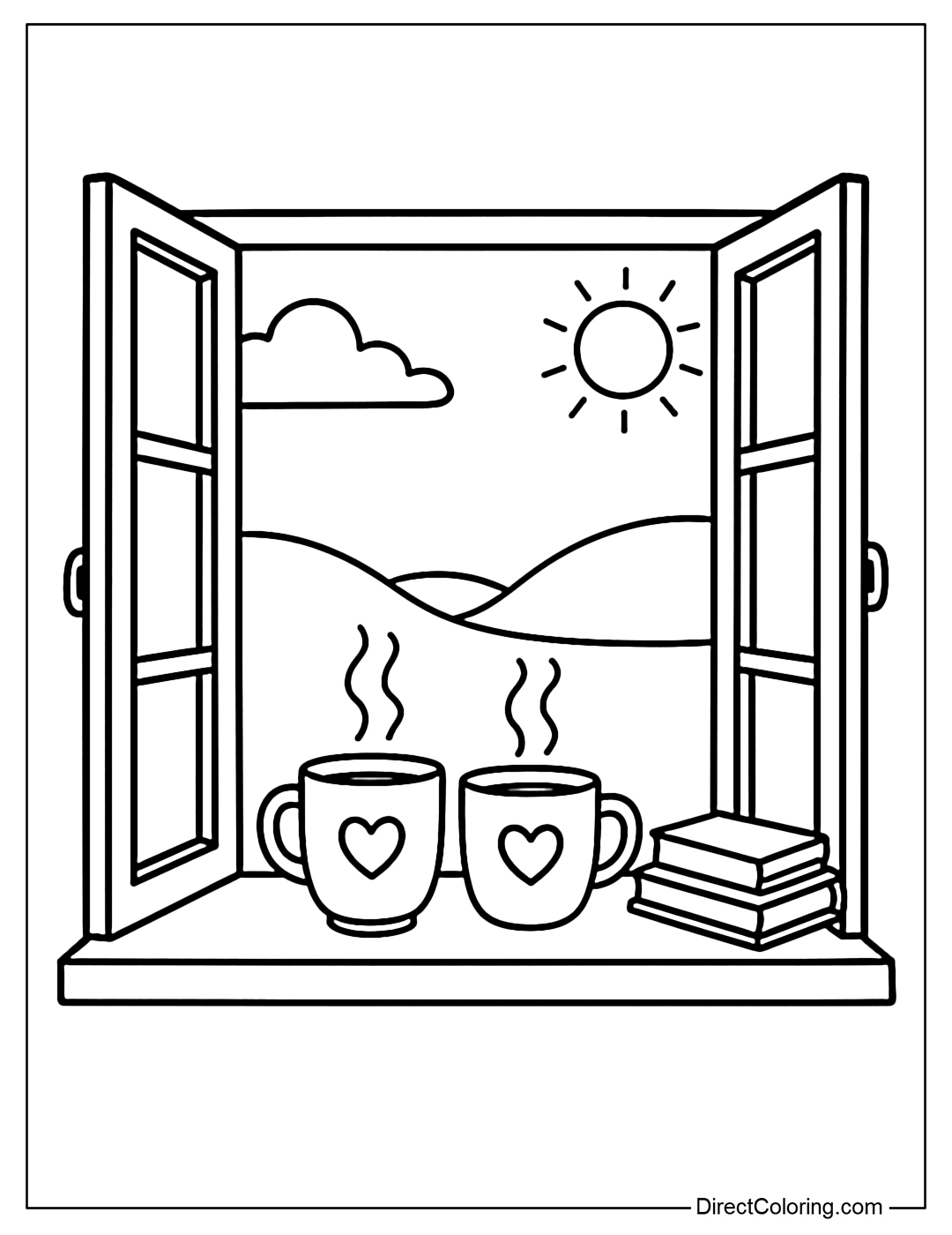 Coloring page of an open window, two steaming cups of tea with heart patterns, a few books next to it.