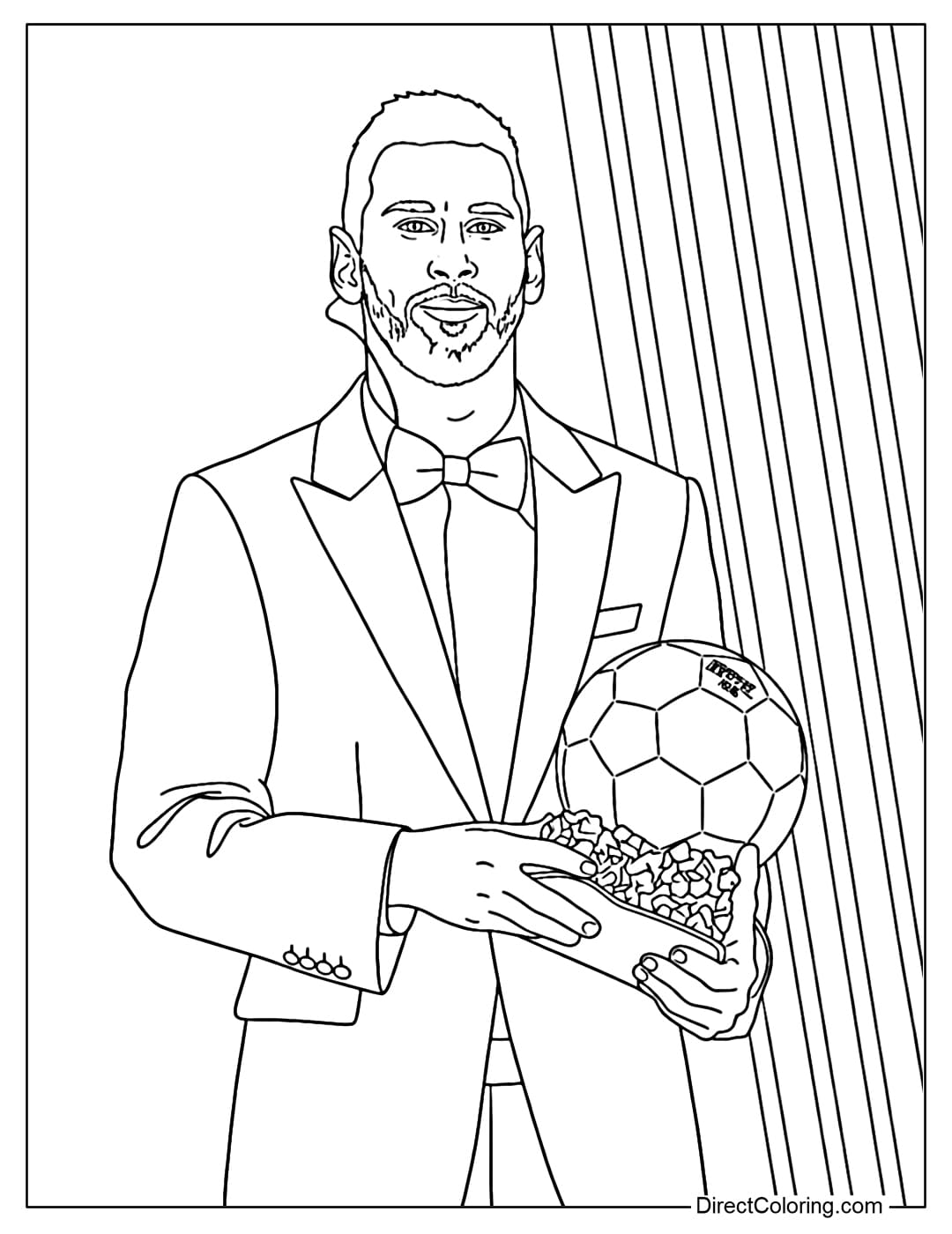 Coloring page of football superstar Lionel Messi in a stylish suit, holding the Golden Ball award.