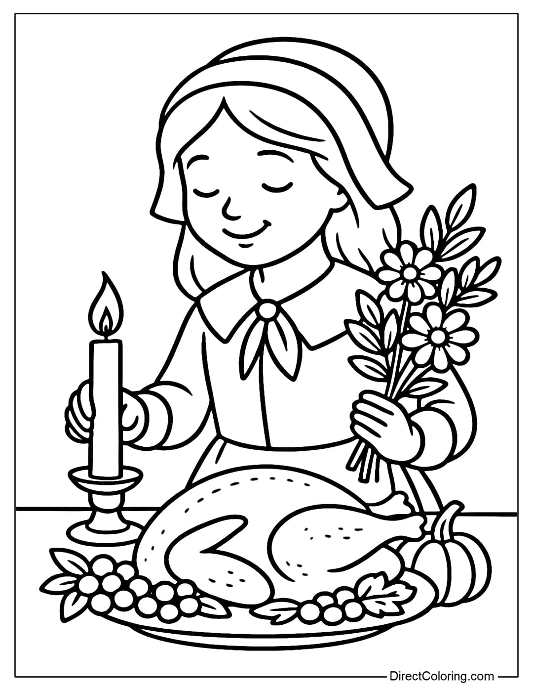 Little Pilgrim coloring page placing flowers and candles on the table, preparing for Thanksgiving meal.