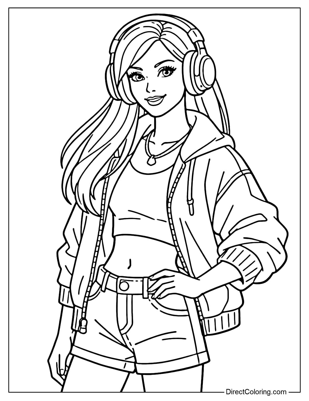 Barbie wears a stylish street style outfit including an oversized jacket, crop top, and shorts, with added large headphones.