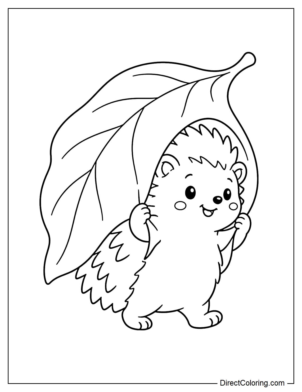 A cute hedgehog pulling a giant leaf over its back like a blanket, holding the two edges of the leaf with its paws.