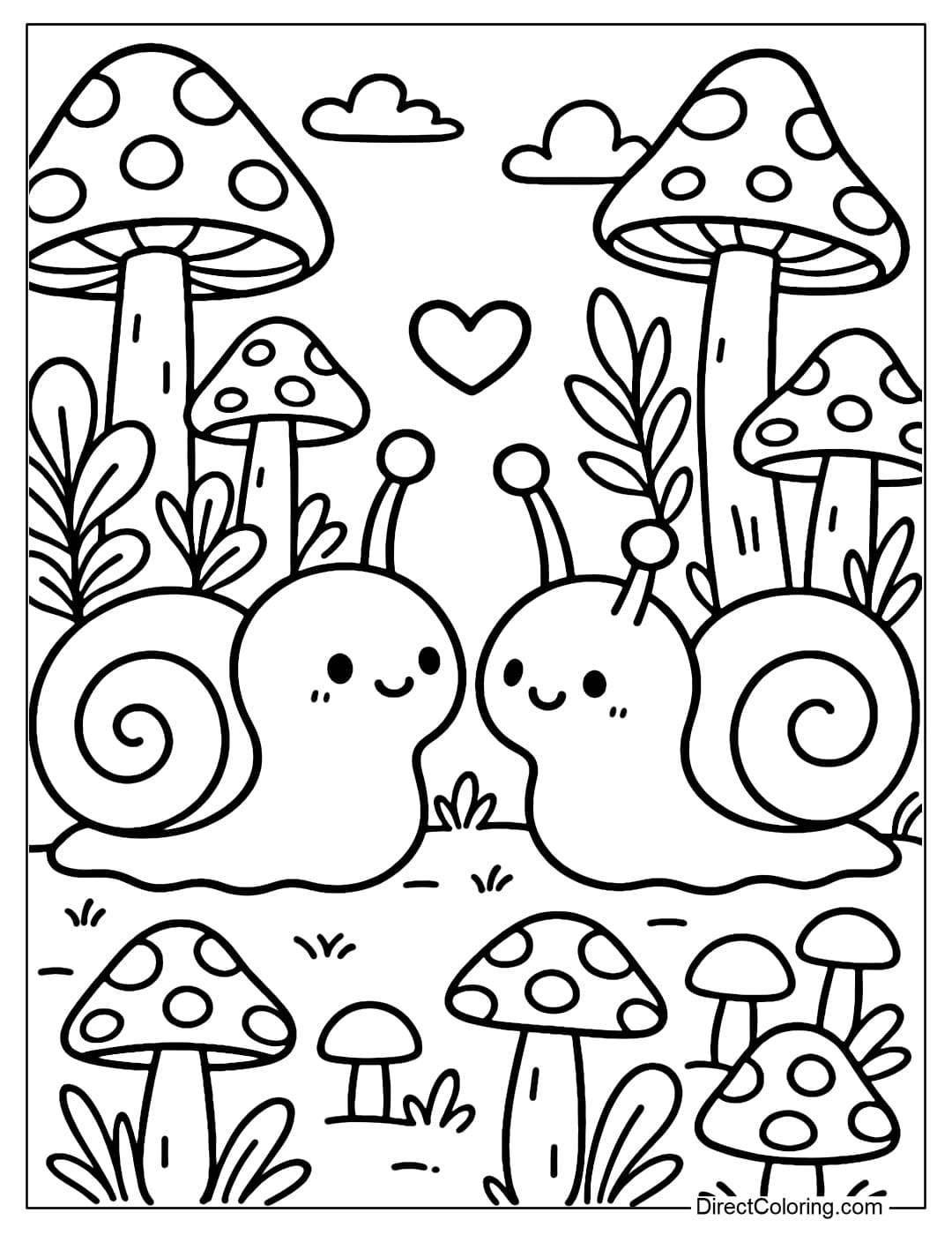 Coloring Page Two snails facing each other in the mushroom forest, with small hearts floating above.