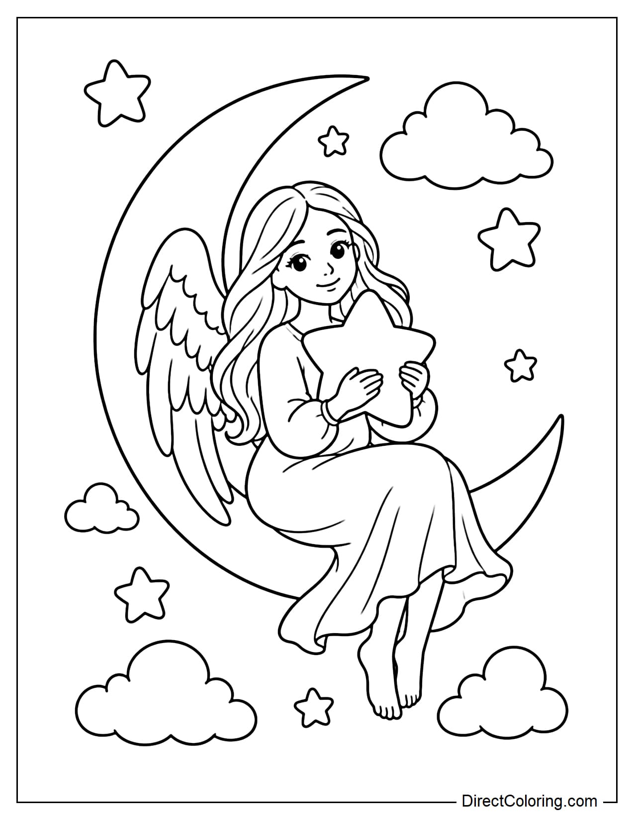 A long-haired angel sits upon a large crescent moon, cradling a large star against her chest, surrounded by soft clouds and stars.