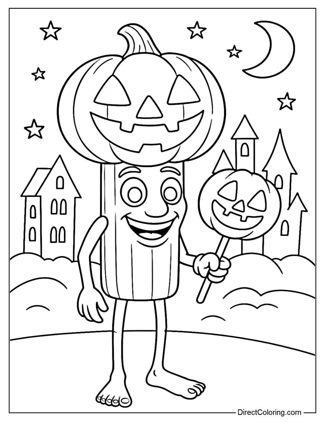 Coloring page Tung Tung Tung Sahur wears a large pumpkin head with a carved smile.