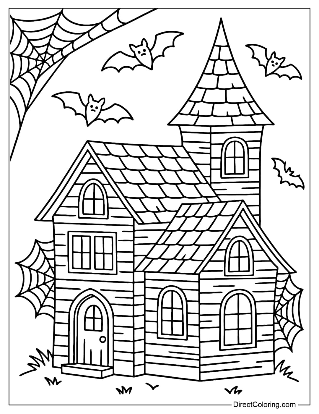 A coloring page of a haunted house with glowing windows, flying bats and spider webs.
