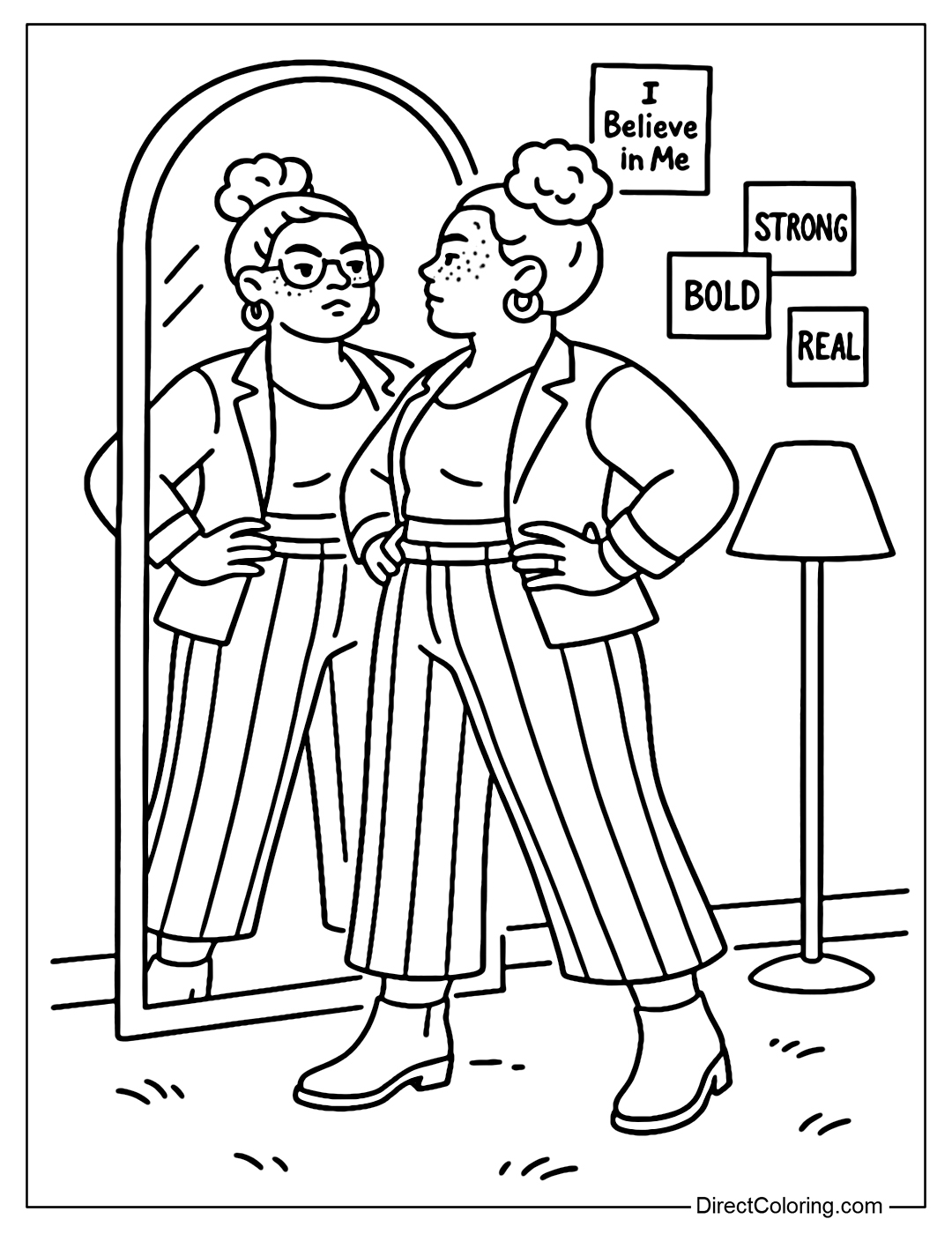 A coloring page of a girl standing in front of a large mirror placed against the wall, her hands confidently on her hips, looking straight at herself with a determined and proud gaze.