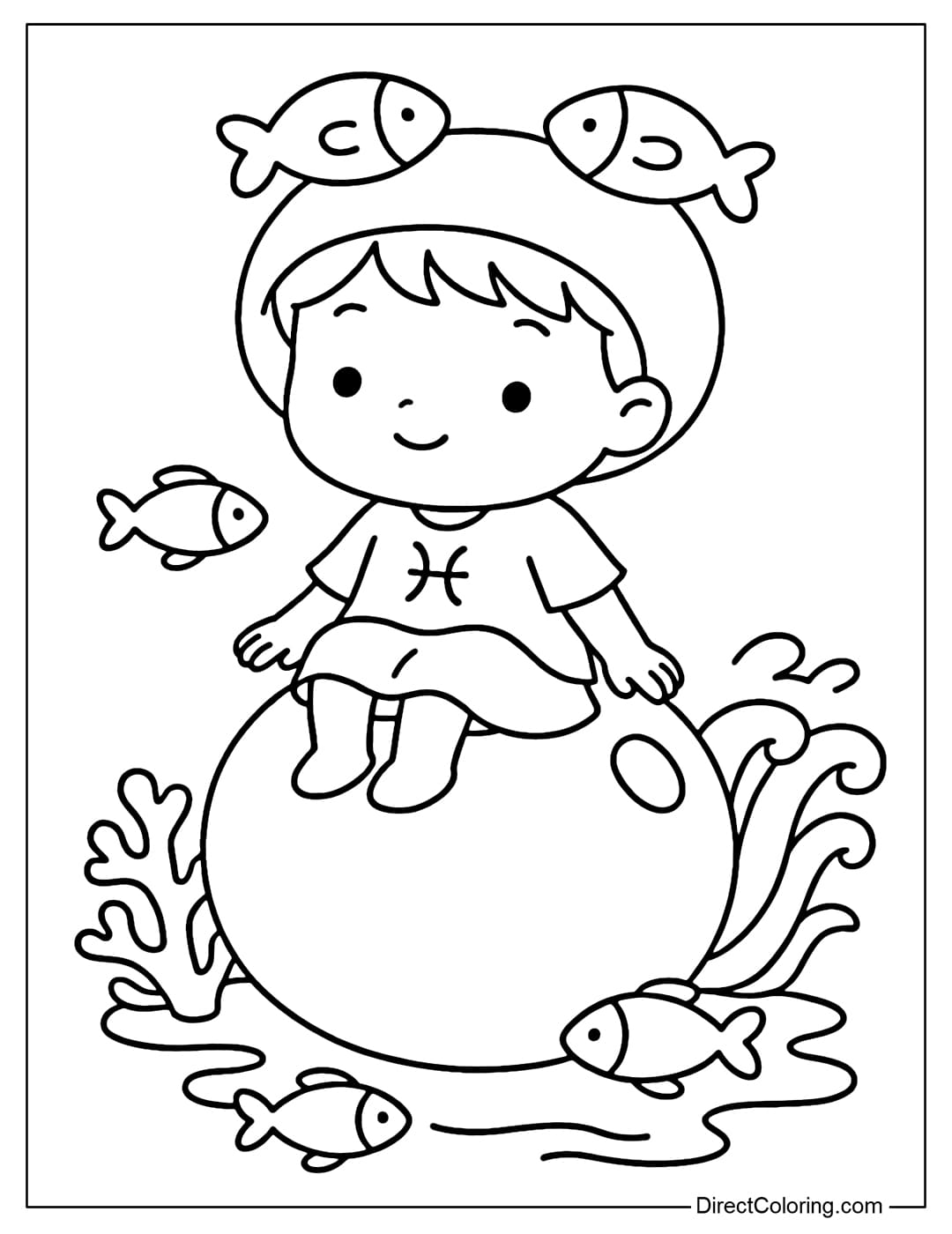 Coloring page of Pisces wearing a cloak, a round fish hat, sitting on a giant water bubble, surrounded by coral dust, ocean waves.