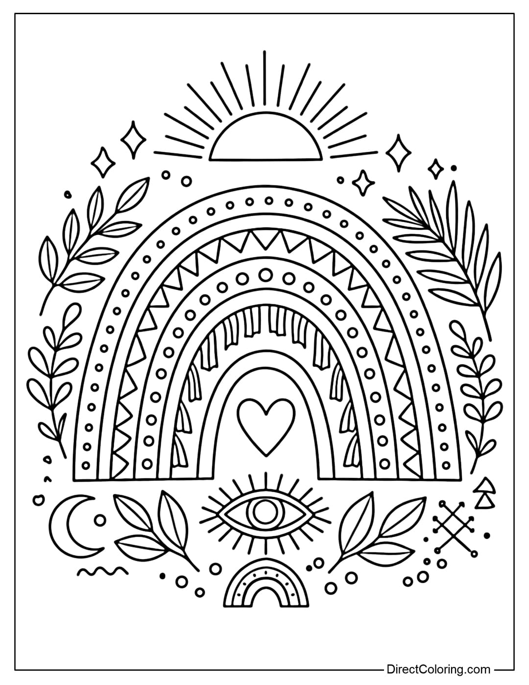 A minimalist boho-style rainbow coloring page, combining leaves, sunbeams, and modern decor elements.