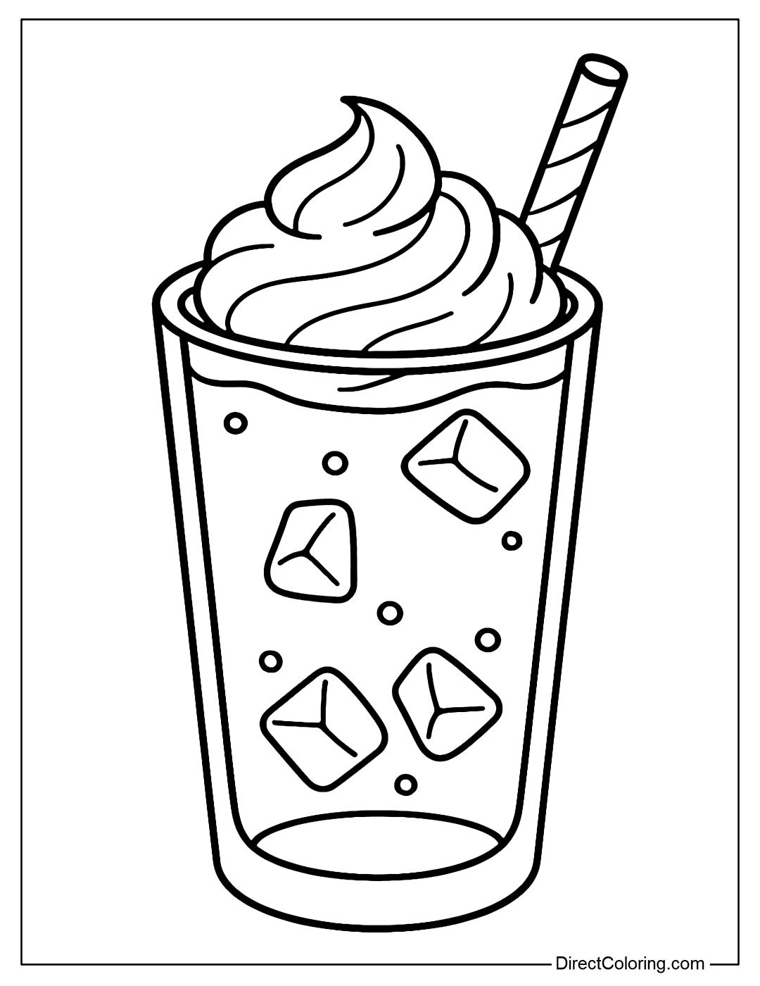 Iced coconut latte coloring page with whipped cream on top