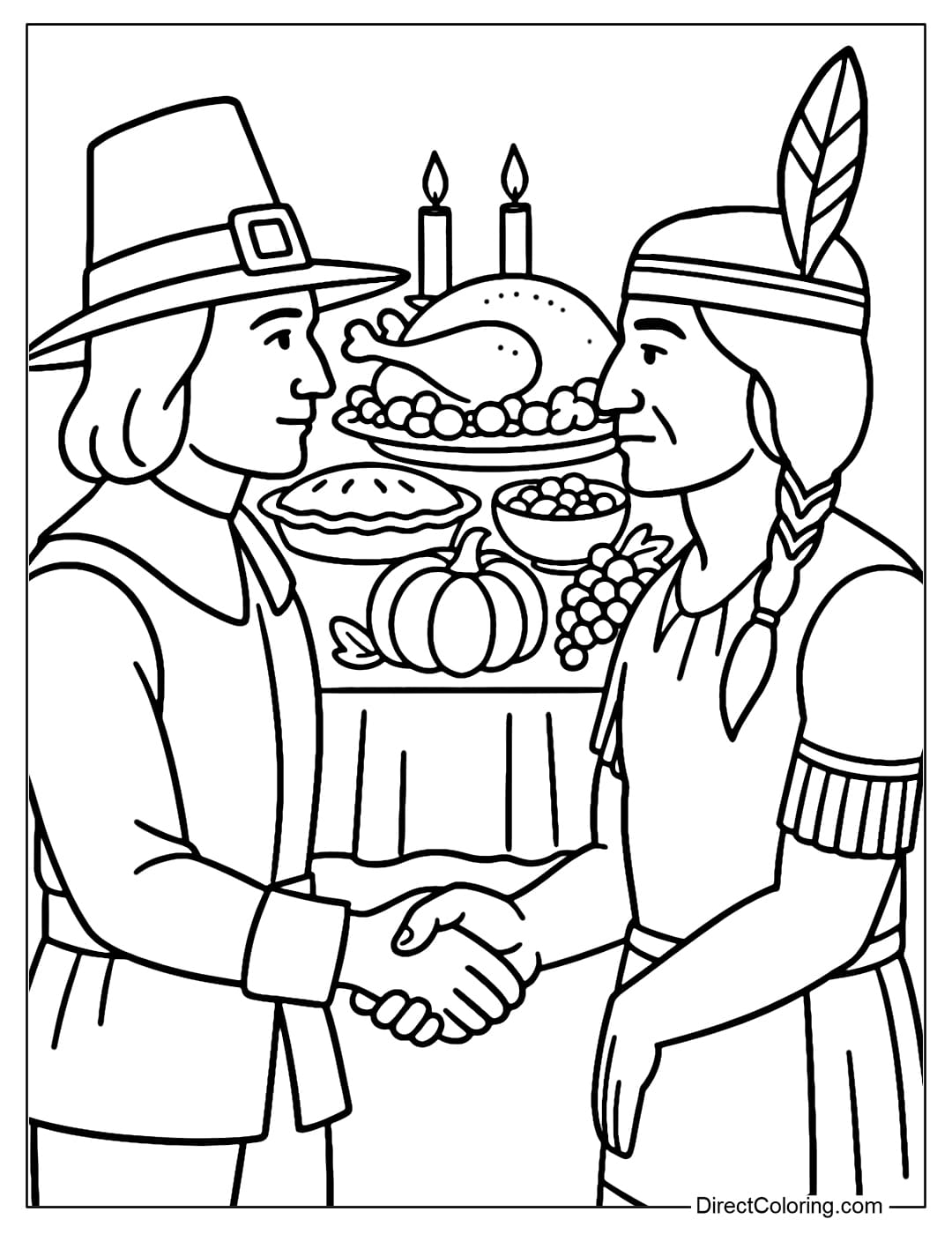 A coloring page of a scene of a Pilgrim and a Native American shaking hands, with a Thanksgiving table in the background.