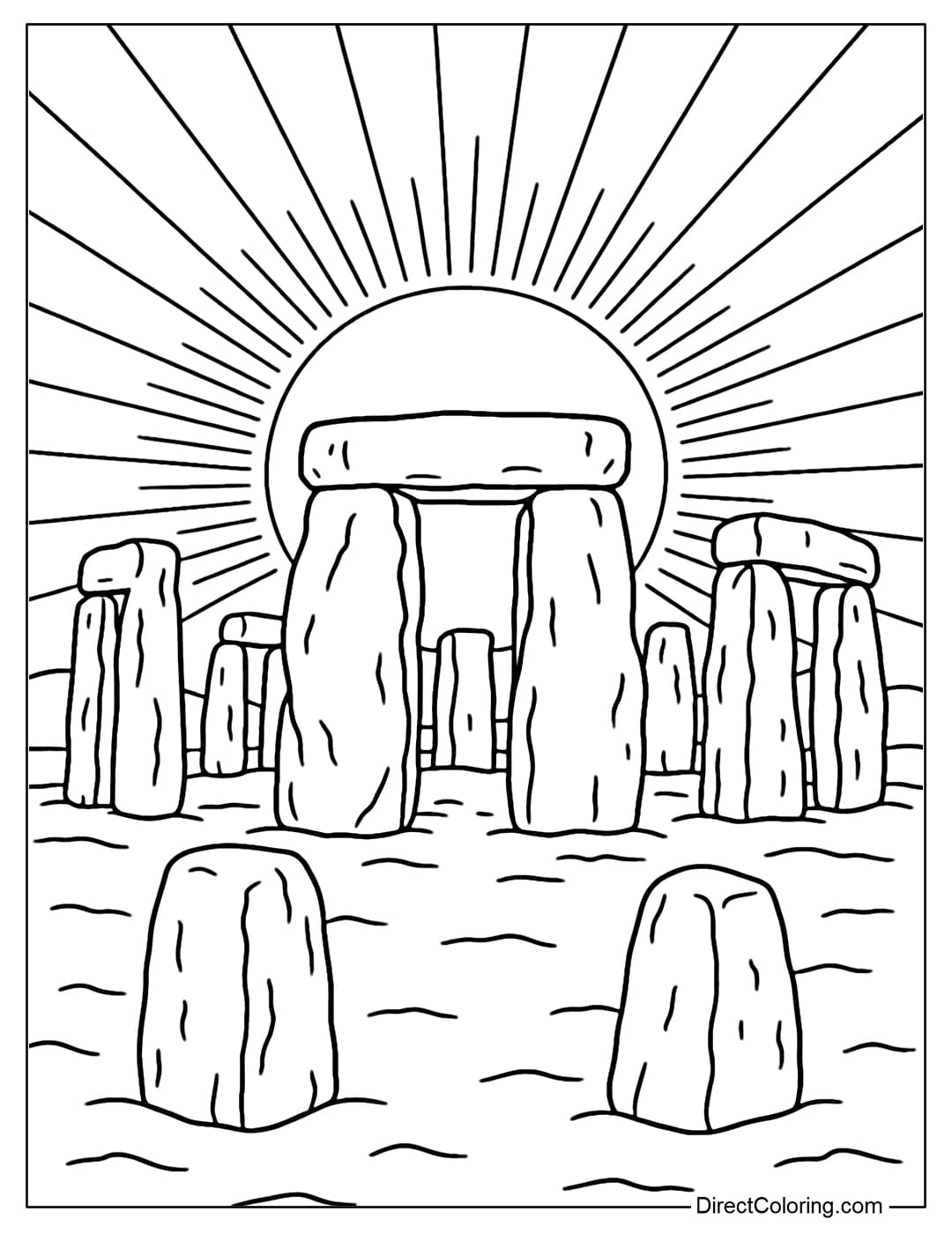 Coloring page of a Stonehenge-style stone circle, the sun rising behind.