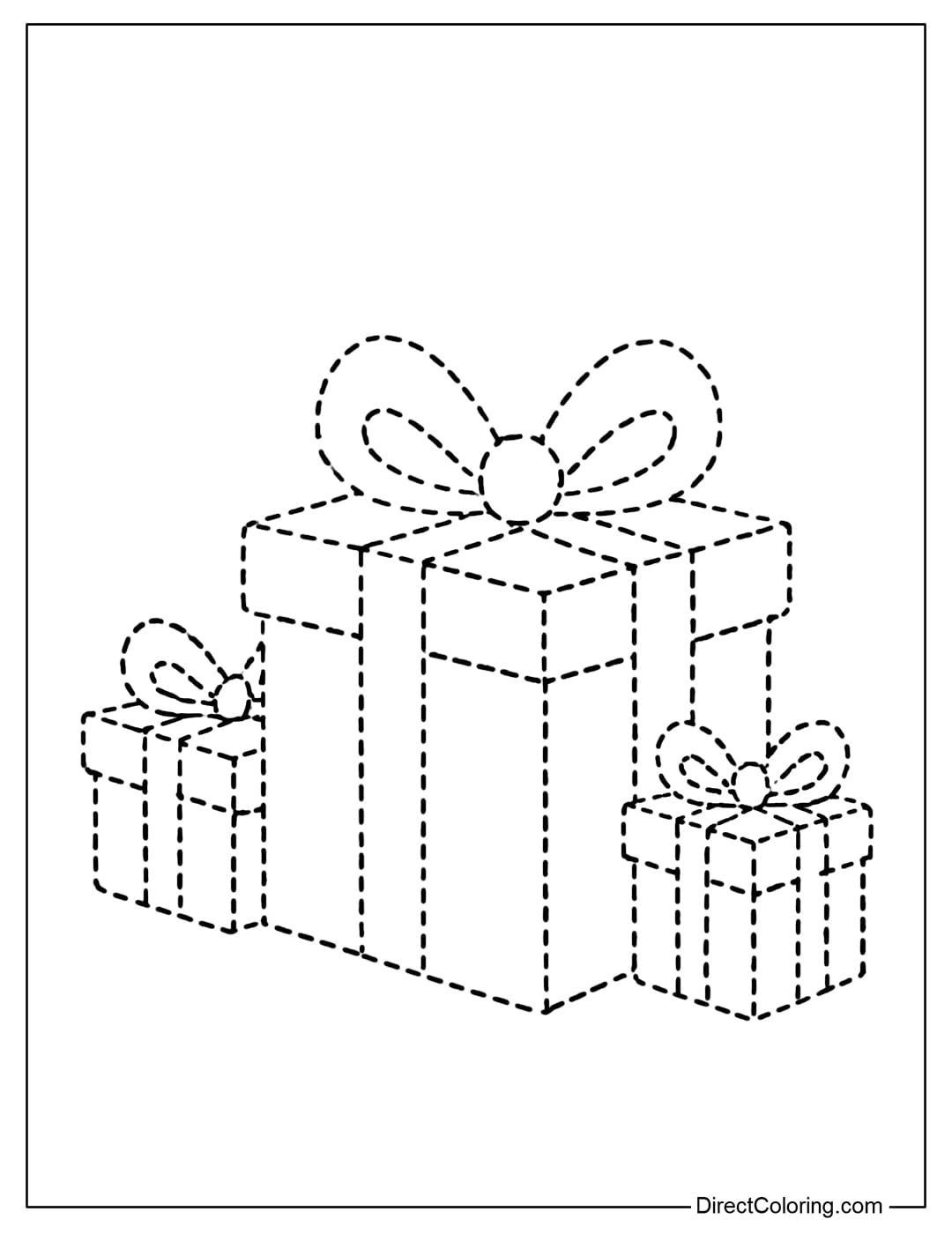 Large Christmas gift box tracing coloring page with ribbon and bow, with 2 small gift boxes next to it.