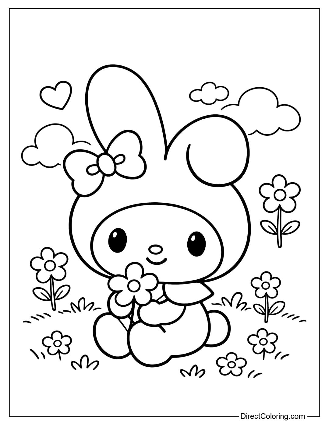 A lovely My Melody coloring page showing her sitting amidst grass and small flowers, holding a pretty flower in her hand.