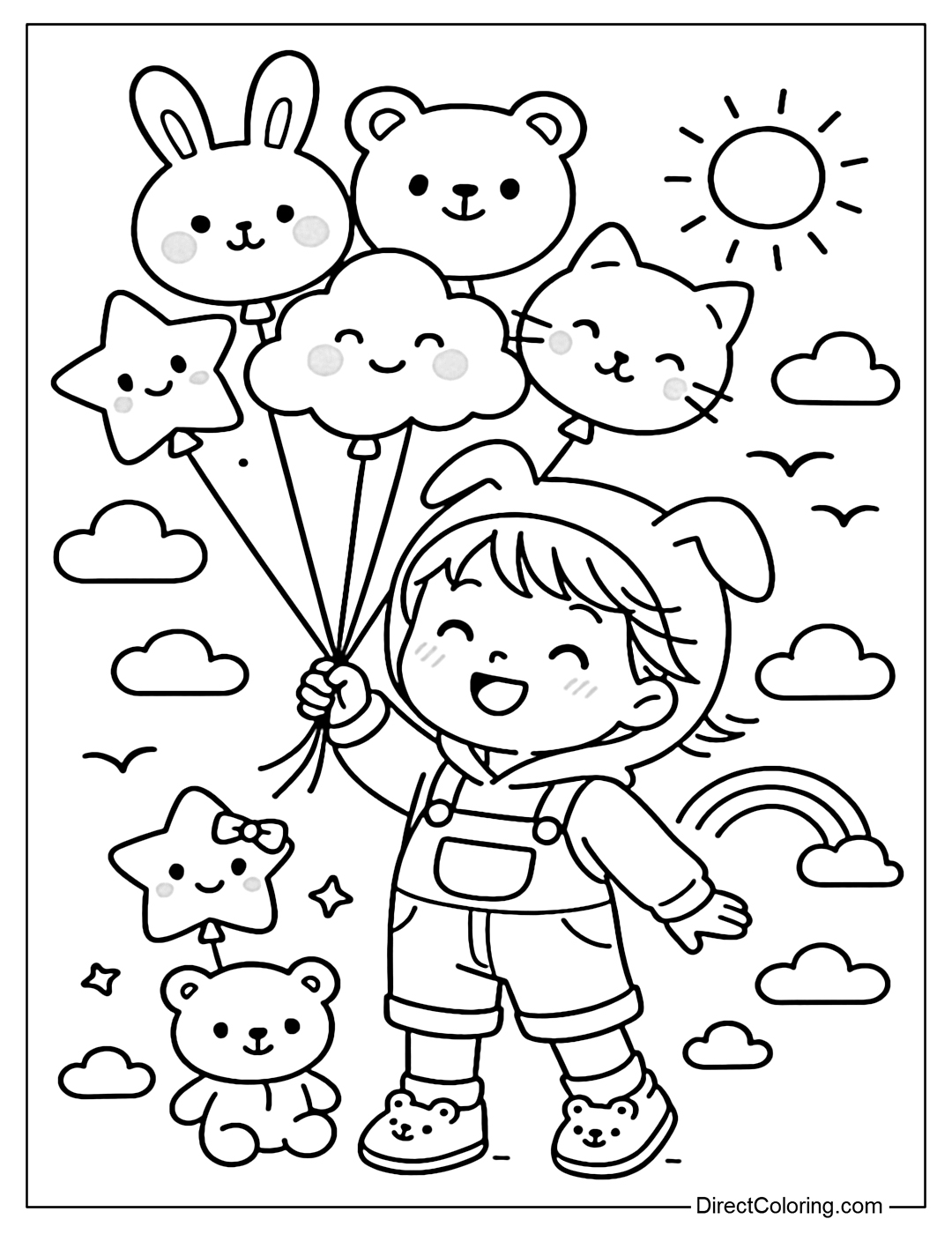Coloring page of a little boy holding a bunch of balloons shaped like animals, clouds and stars.