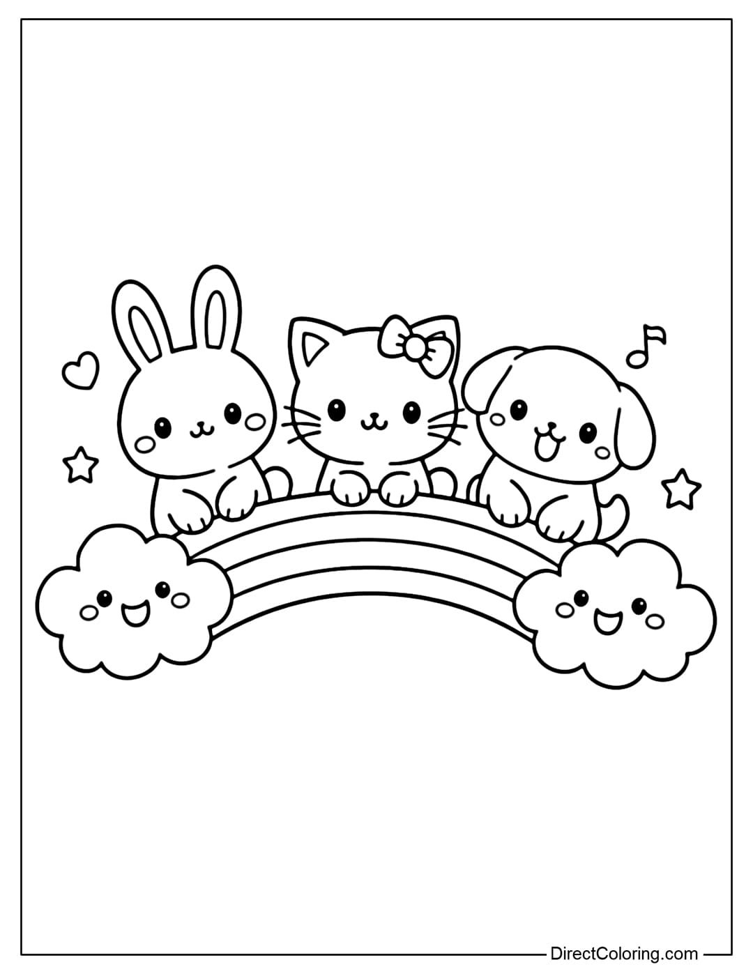 A coloring page featuring a group of animals including a rabbit, a cat, and a dog sitting on a rainbow, with adorable smiling clouds beside them.