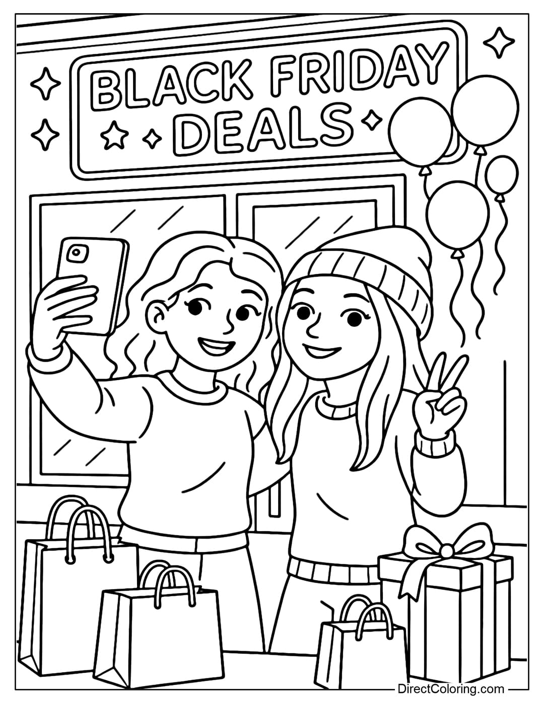 A coloring page of two best friends taking a selfie in front of a Black Friday Deals store.