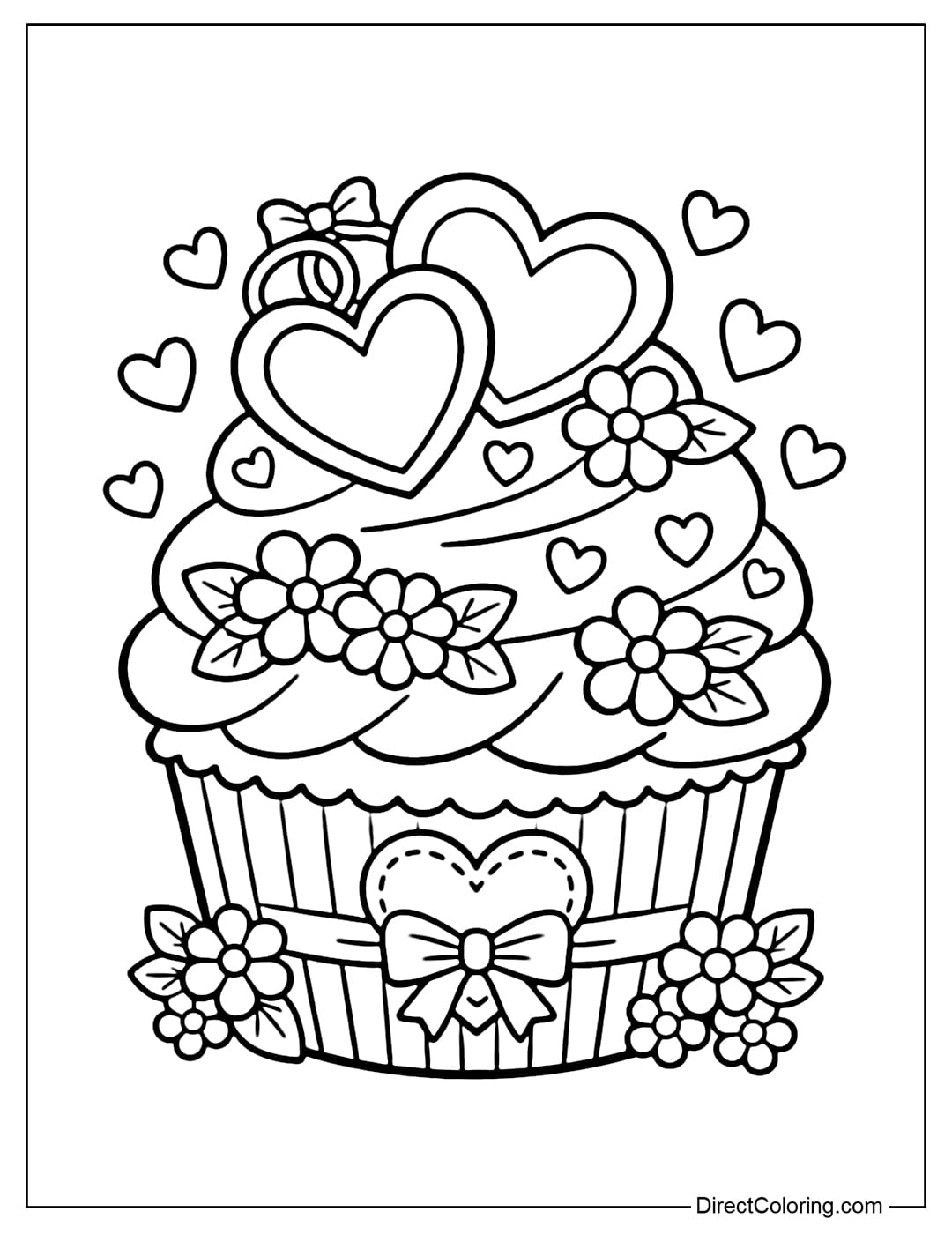 A coloring page for wedding cupcakes decorated with cute little hearts and flowers.