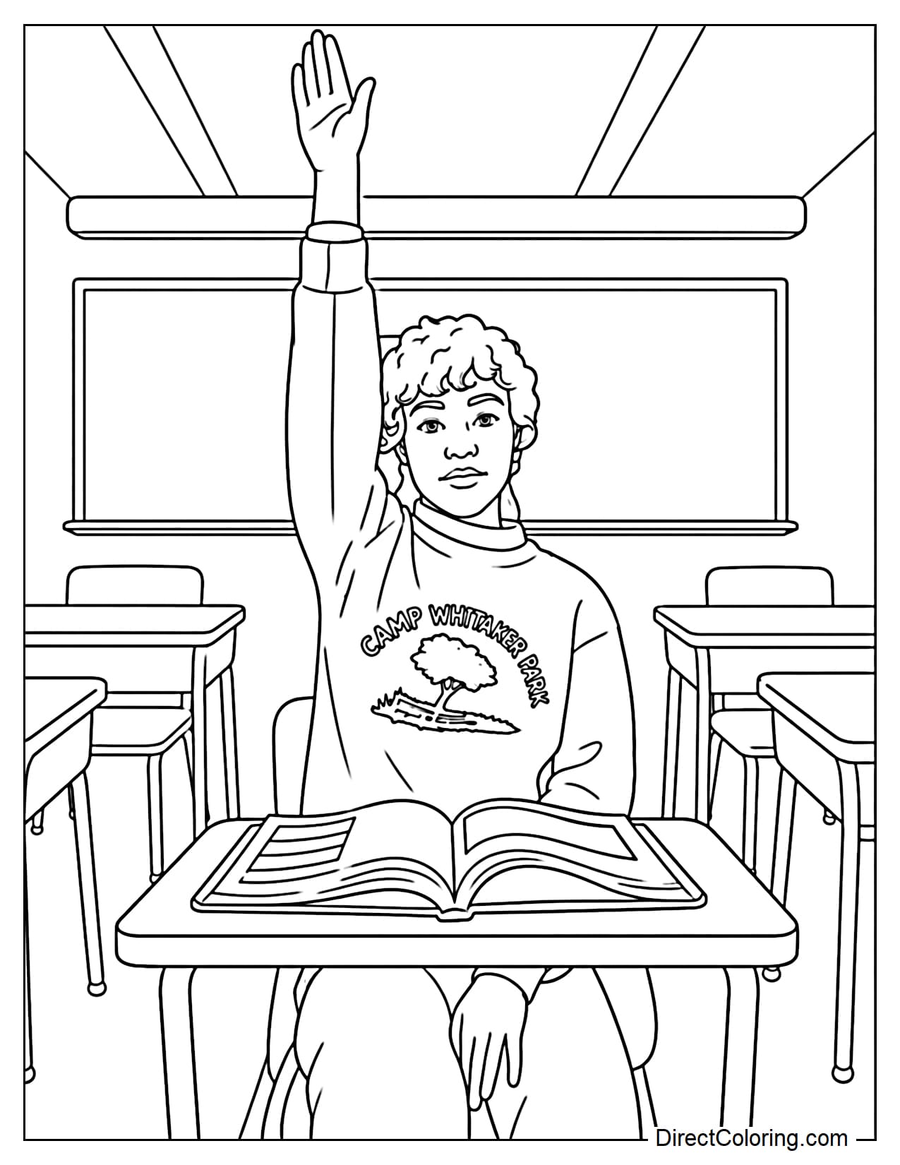 Erica Sinclair sits at her desk with an open book and confidently raises her hand in the classroom from Stranger Things.