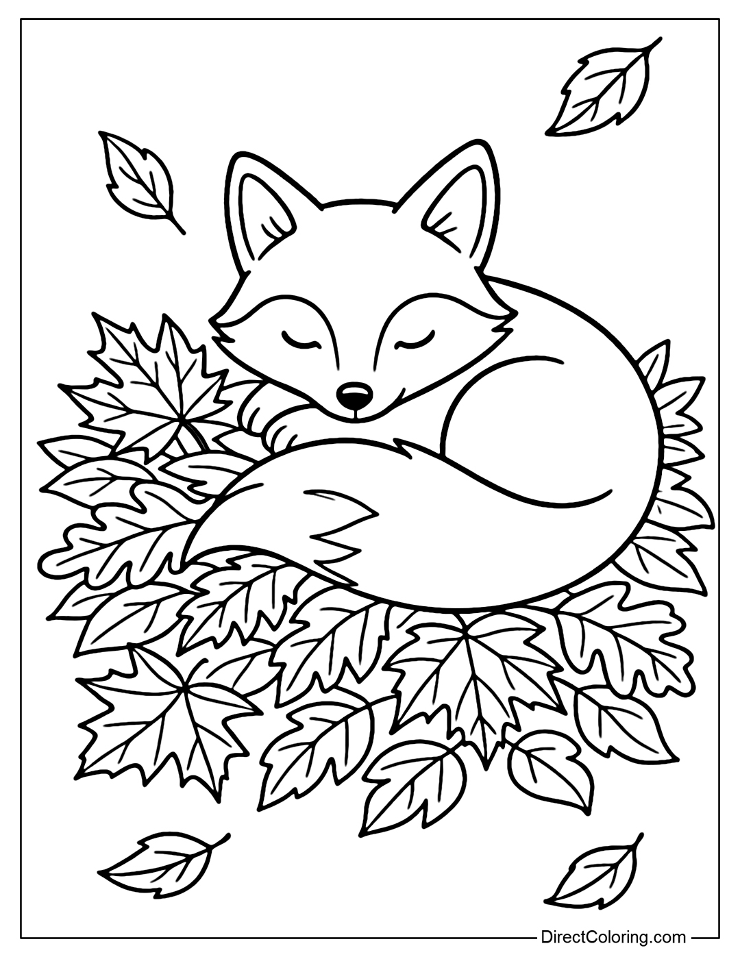 A little fox coloring page resting on a carpet of autumn leaves.