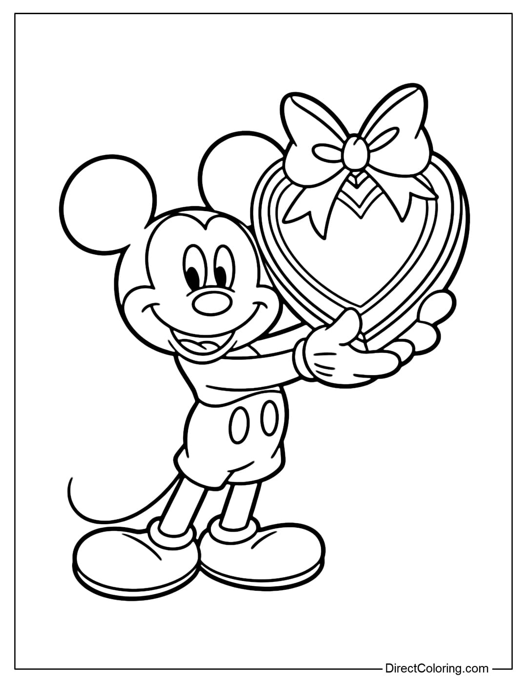 A coloring page of Mickey Mouse happily holding a heart-shaped Valentine's Day chocolate box.