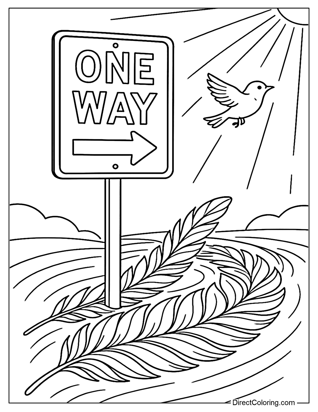 One-way sign coloring page is on a soft feather paved road, with small birds flying in the direction of the arrow, the sunlight gently shines through the details.
