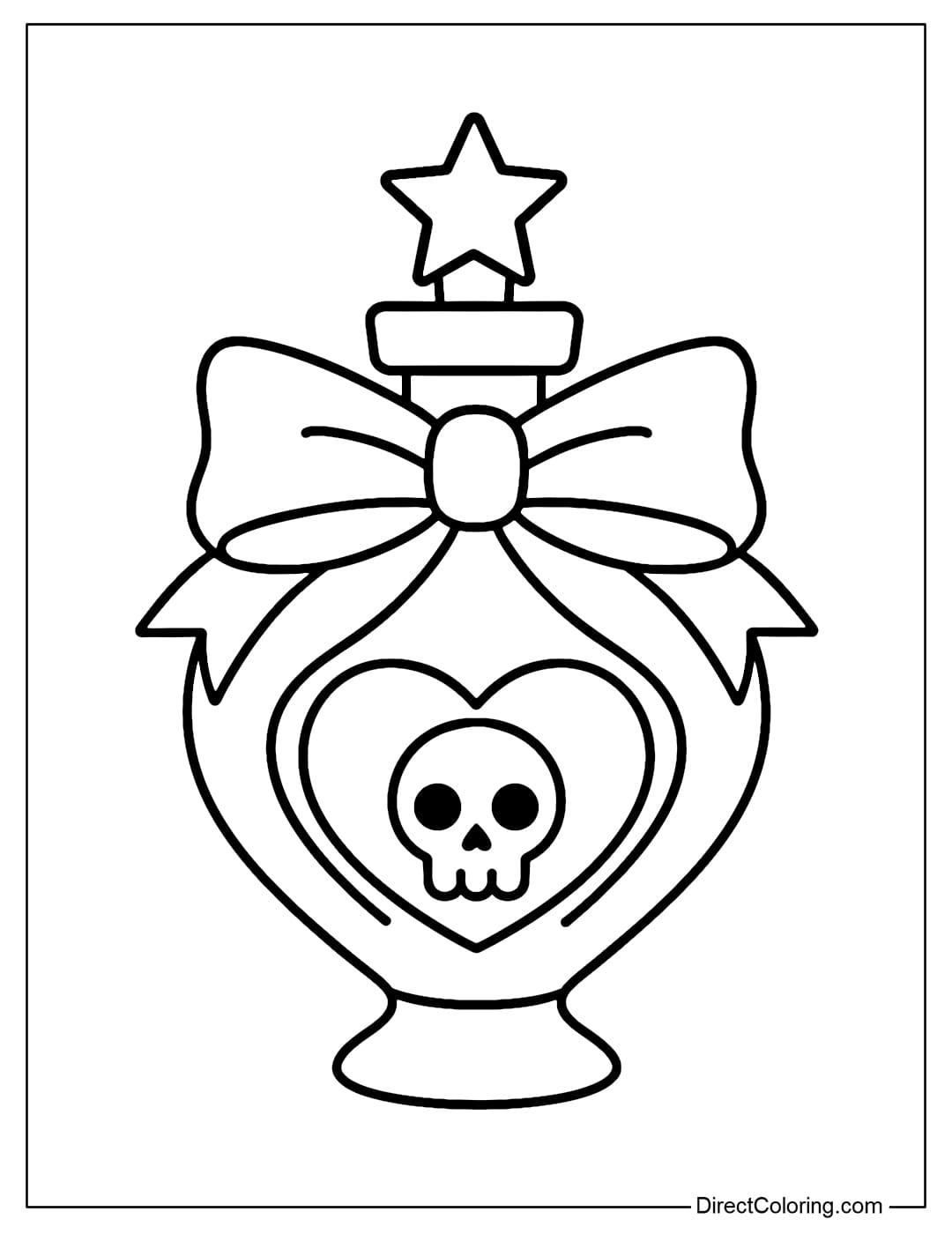 A skull-shaped perfume bottle coloring page, with a star-shaped cork and a ribbon tied around it.