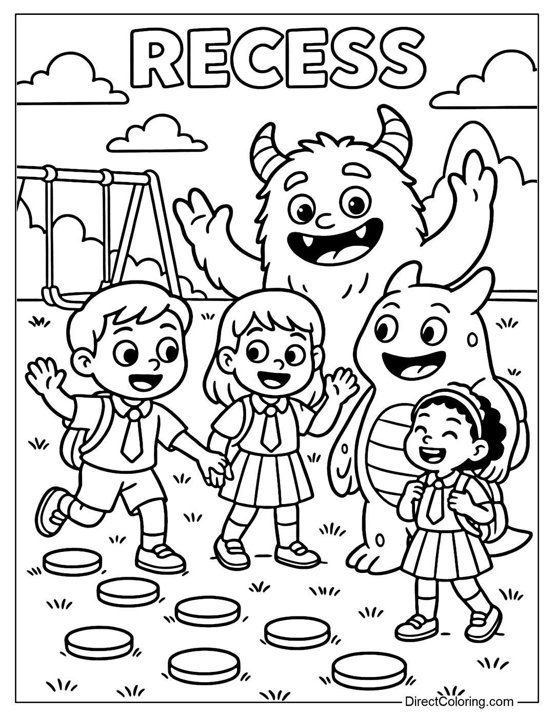 A coloring page of recess where kids play with friendly monsters wearing school uniforms.