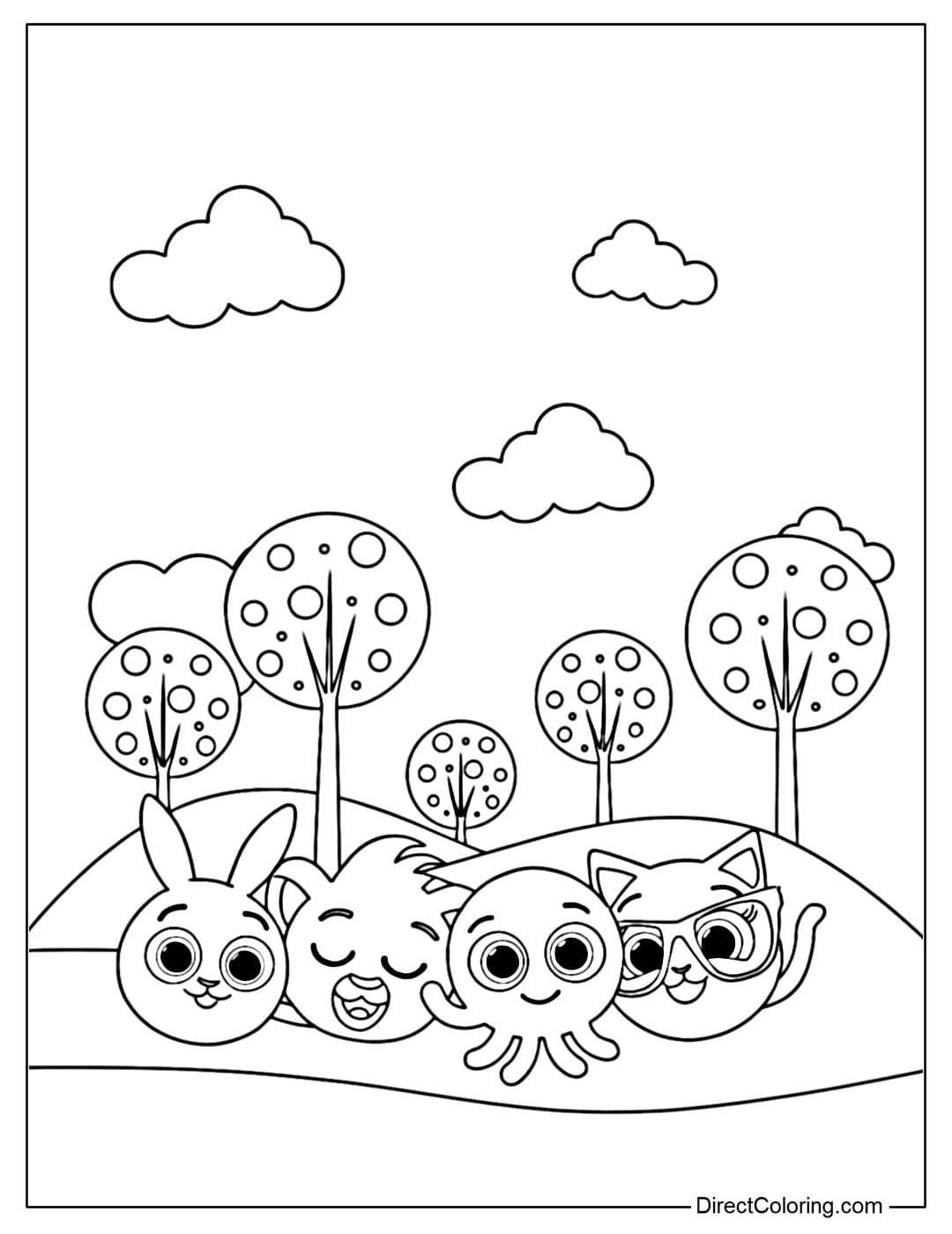 Coloring page of Bolofofos characters having fun walking on a hill.