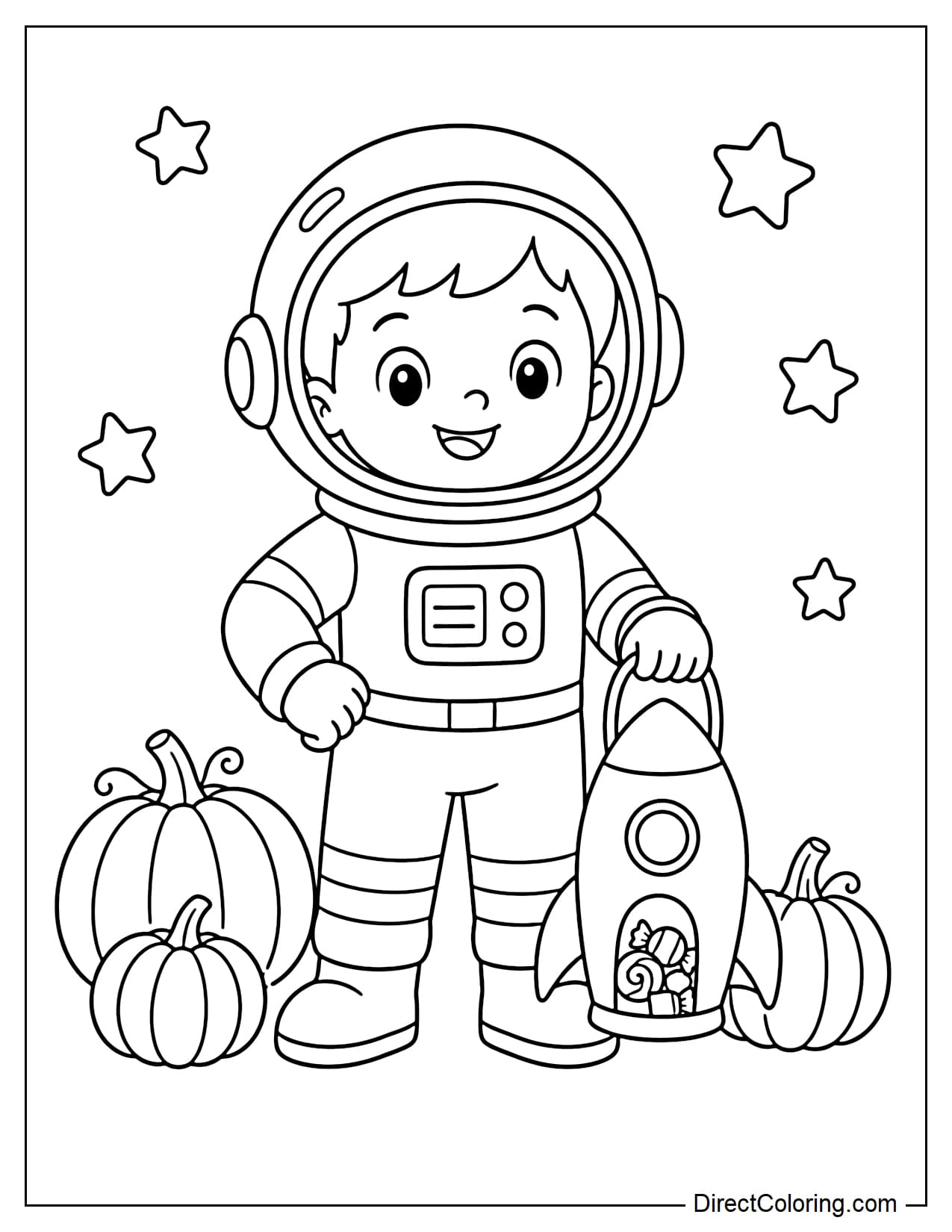 A child dressed in a Halloween astronaut costume holds a rocket-shaped candy bag while standing beside a few small pumpkins.