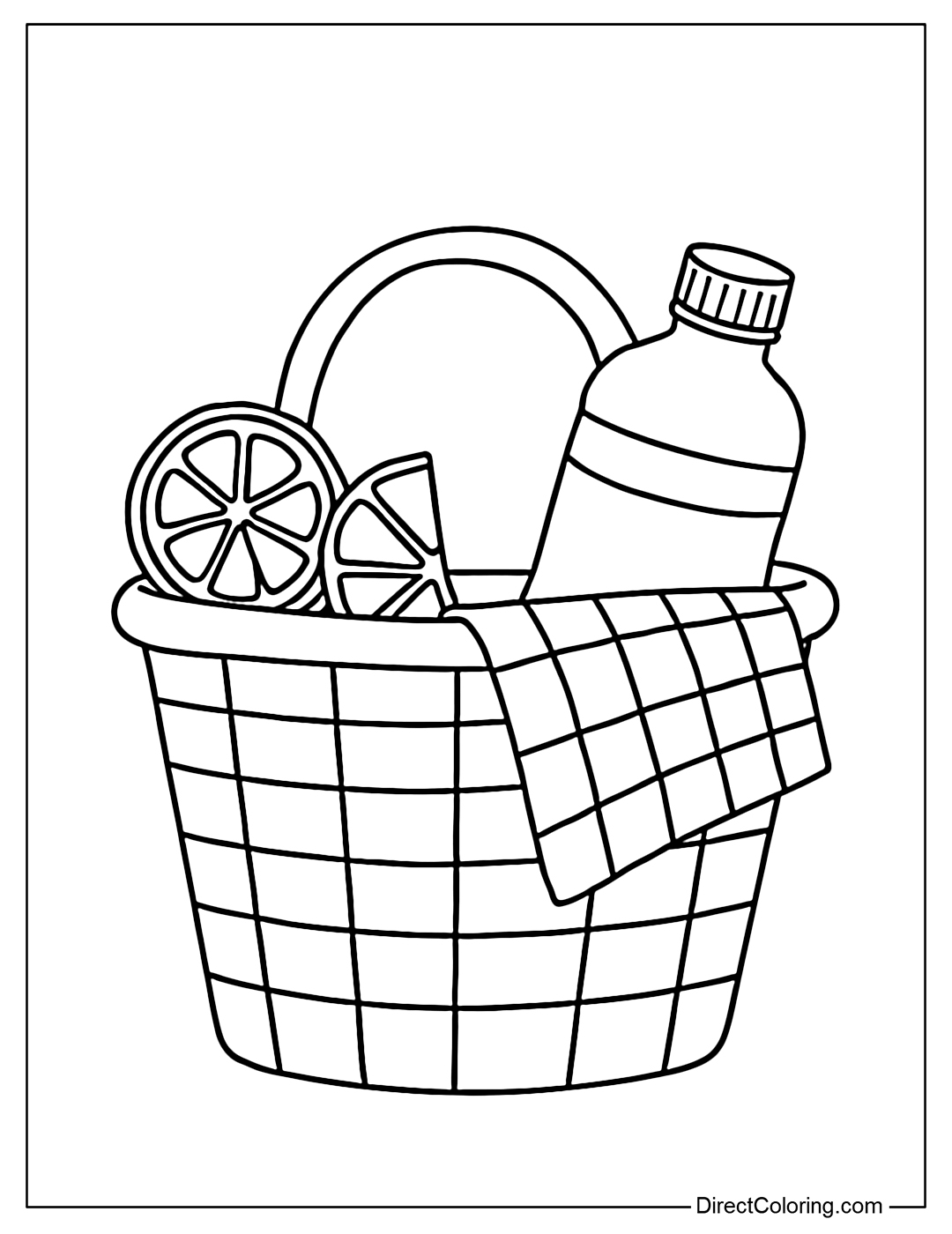 Simple picnic basket coloring page with some lemon slices and a pitcher of water.