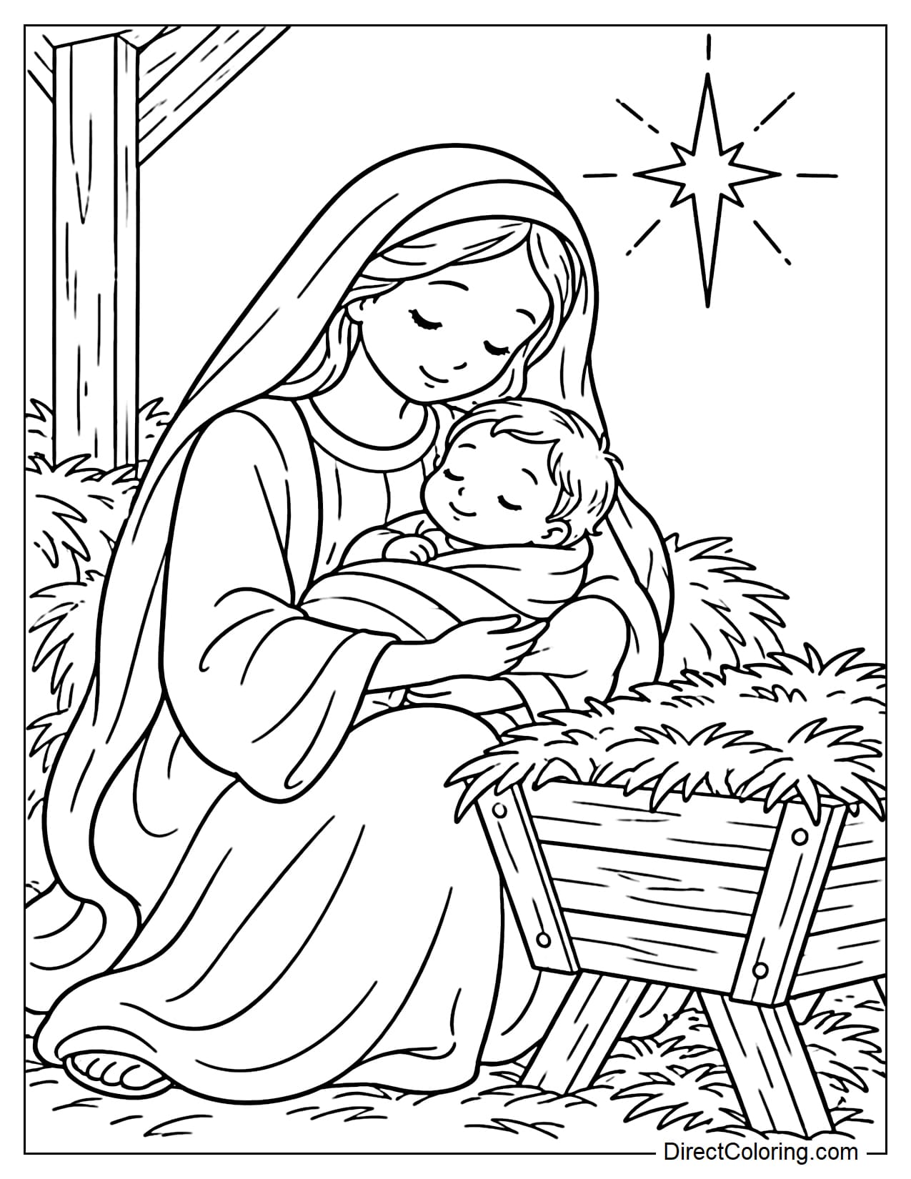 Mary gently cradling Baby Jesus in her arms while sitting beside the manger with a loving expression, with a small star and a few simple bundles of straw in the background.