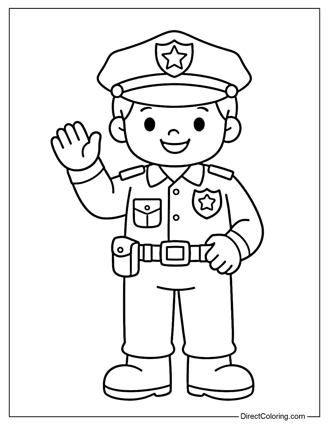 Coloring page of a police officer waving in a friendly manner.