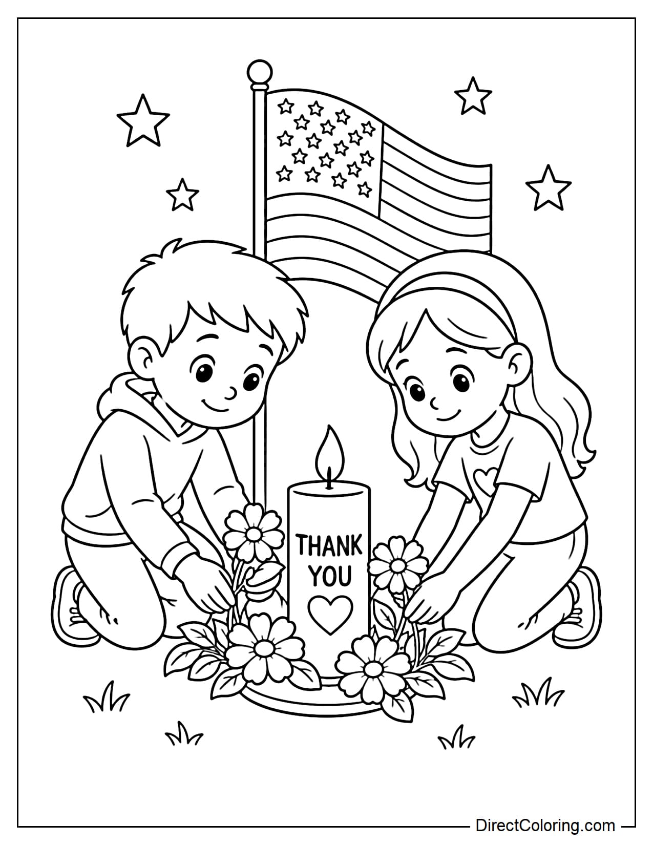 Two children are gently placing flowers beside a memorial candle, with a small American flag and a few stars in the background.