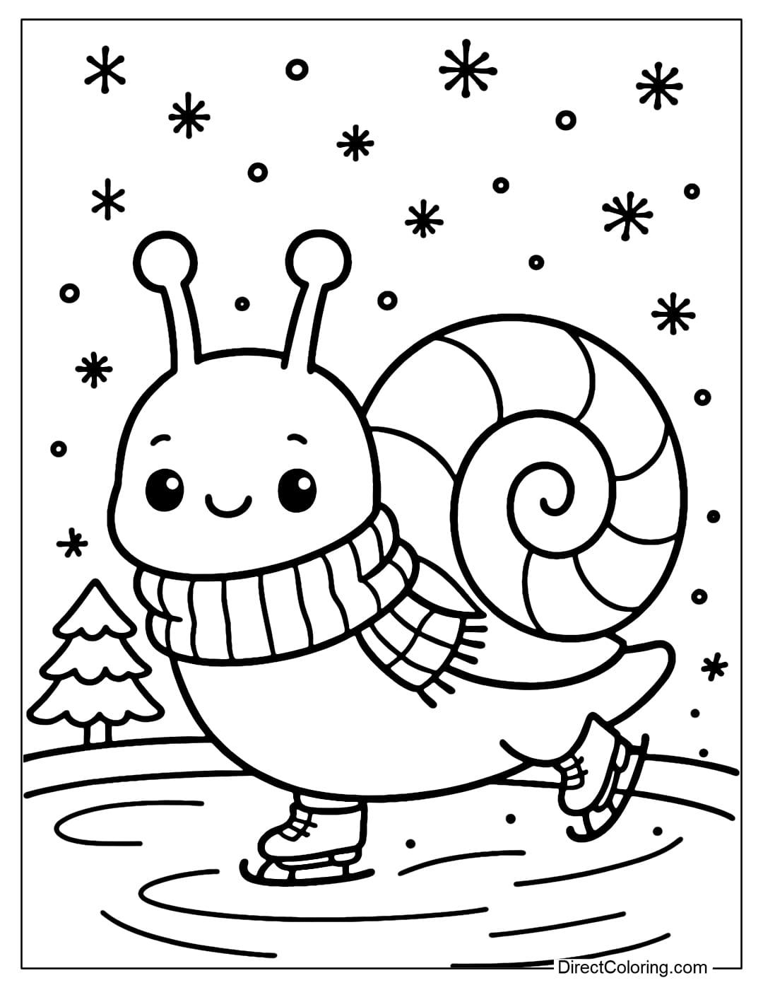 Coloring page of a snail wearing a scarf, wearing tiny ice skates, skating on the ice lake, surrounded by Christmas trees and snowflakes.
