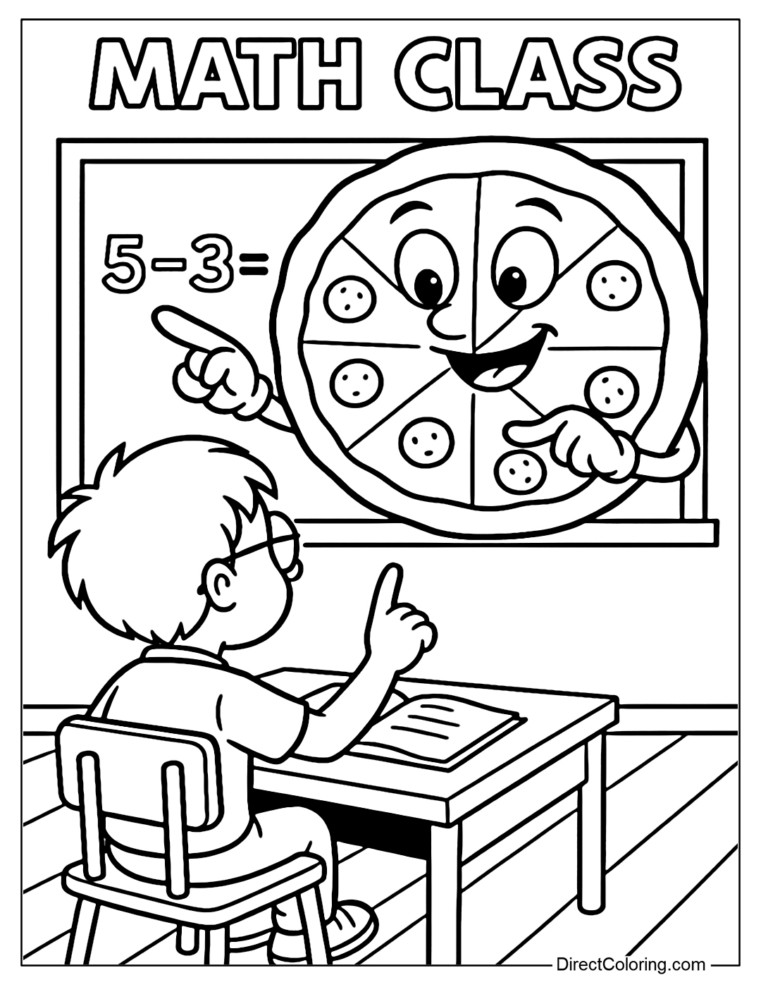 A coloring page of a math class where the blackboard is a pizza, students count slices of sausage to do their homework.