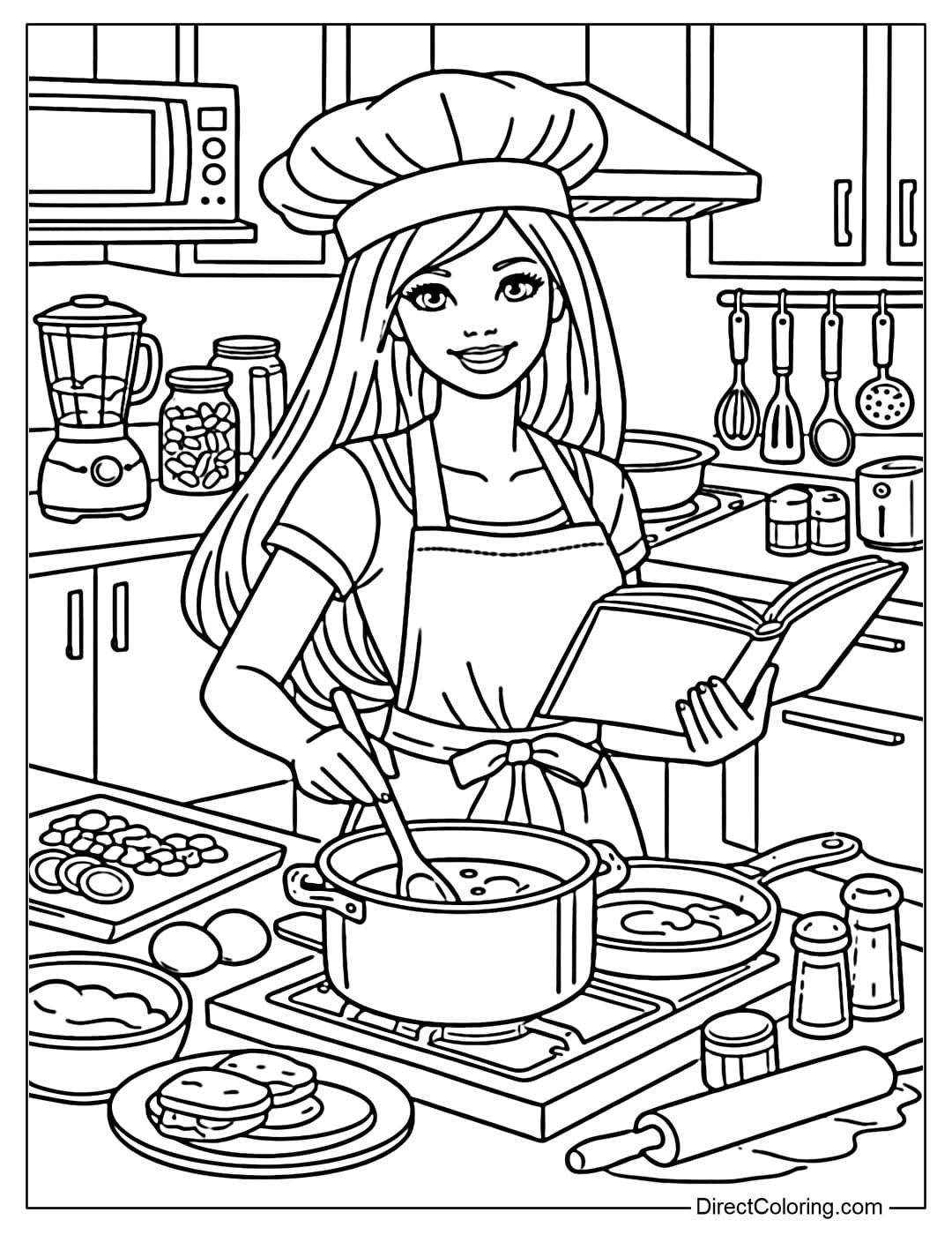 A coloring page of Barbie cooking in a modern kitchen with many utensils around.