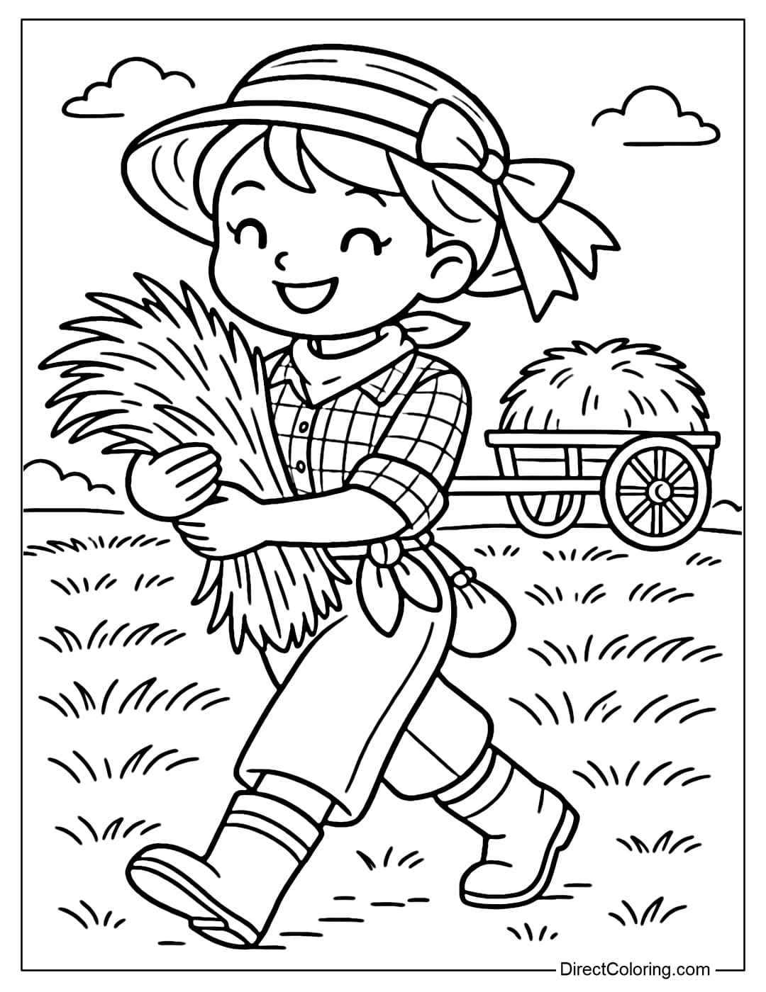 A farm girl coloring page holding a large bundle of straw in front of her chest, her face cheerful. Behind her is a field of yellow straw and an ox cart.