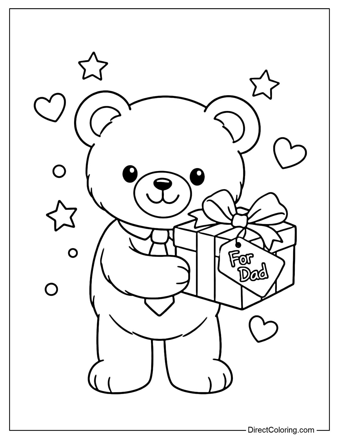 Coloring page of a teddy bear wearing a small tie and holding a gift for his father.