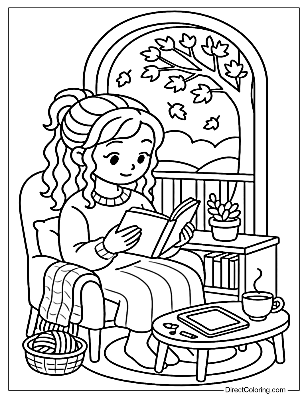 Coloring page of a girl sitting reading a book on a chair next to an arched window. Next to the chair is a wool blanket, a pillow, a cup of tea, and a small bookshelf.
