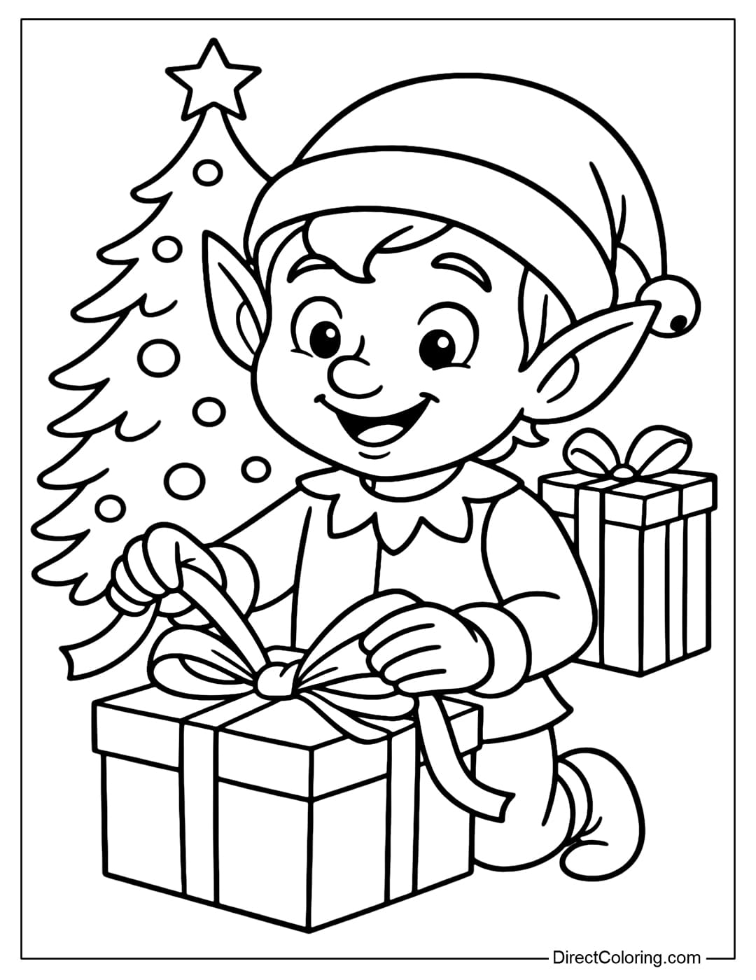 Coloring page of a cheerful elf wrapping Christmas gifts with ribbons, gift boxes and a Christmas tree in the background.