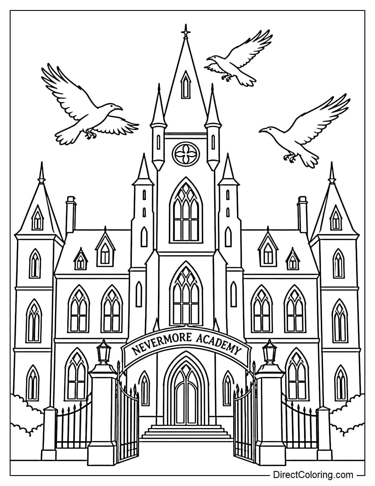 Nevermore Academy is shown from the front, featuring tall towers, large gothic windows, and a central arched entrance, while three large ravens fly around the towers above.