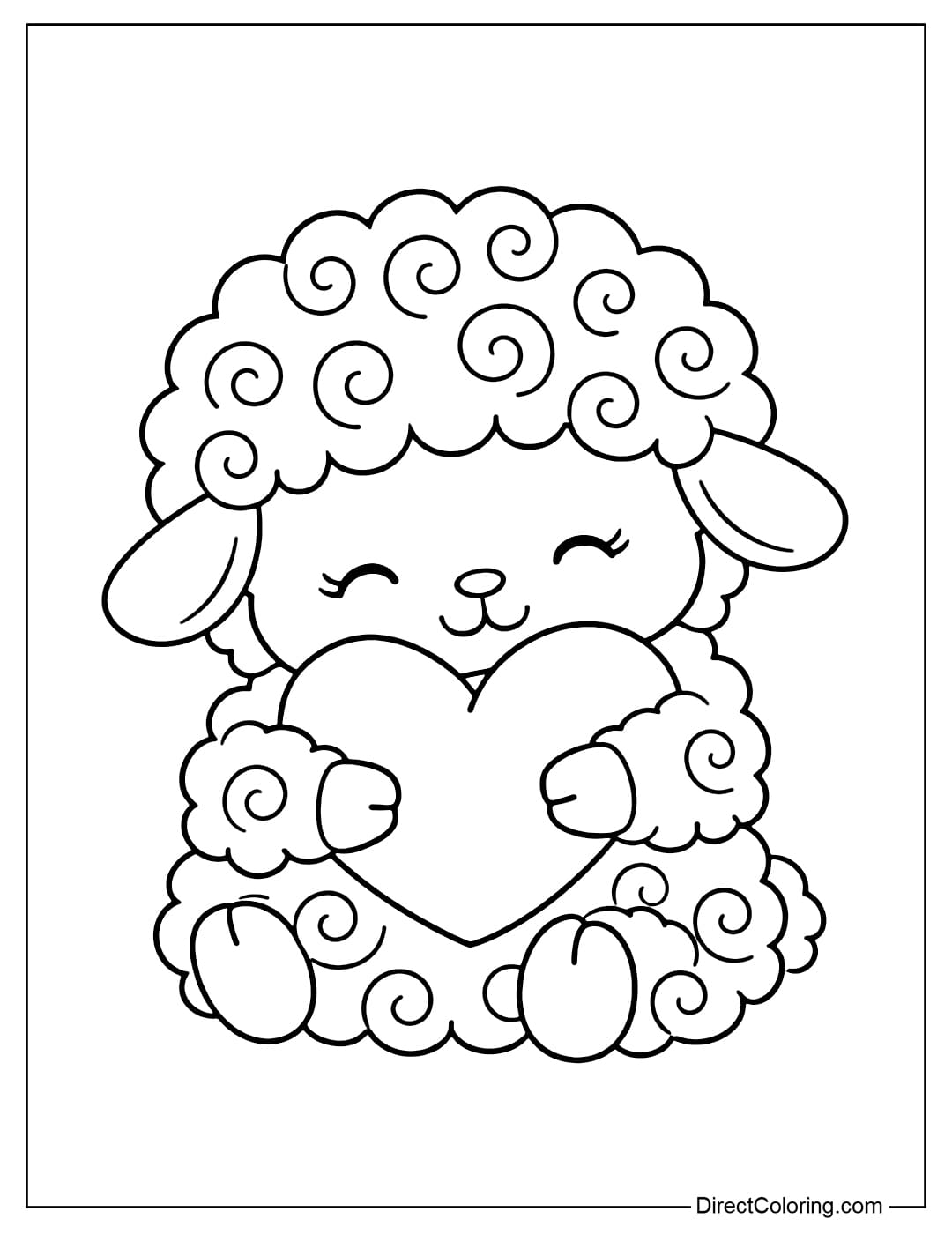 A coloring page featuring a cute fluffy sheep hugging a heart.