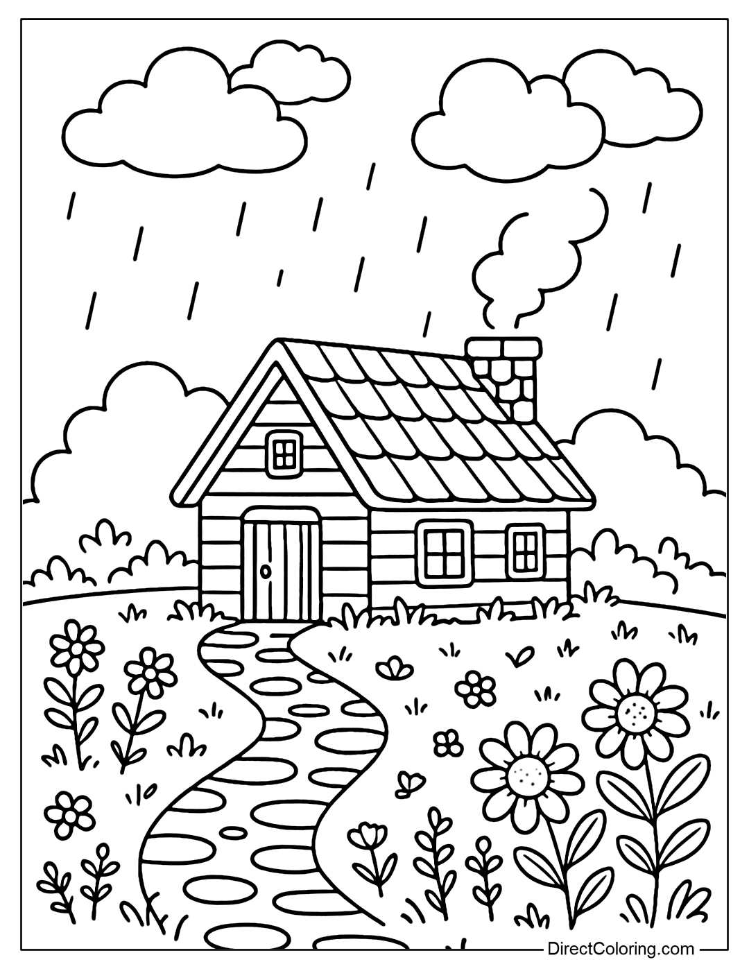 A small wooden house with a sloping roof in the middle of a meadow, smoke rising from the chimney, a wildflower garden and a wet stone path in front; light rain falling and a few round clouds drifting in the sky.