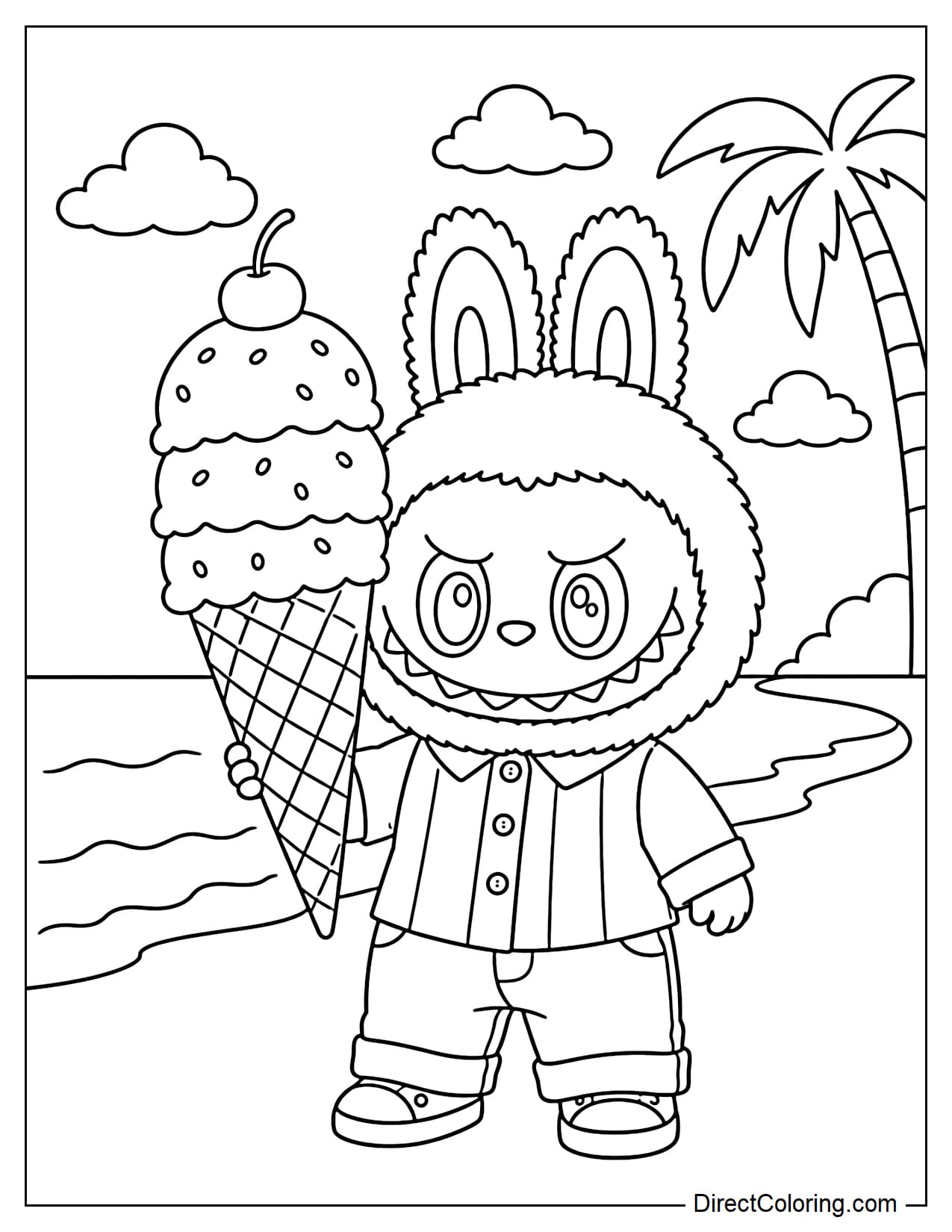 Labubu, wearing a shirt and long pants, is standing on the beach holding a giant ice cream cone with multiple layers and a cherry on top. Behind him are the sky, clouds, and a palm tree.